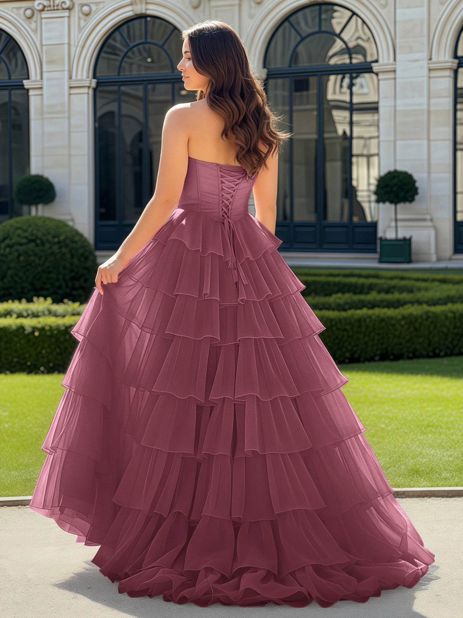 A-Line Beaded Sweetheart Neck Tiered Chiffon Dress Mulberry - Image 2