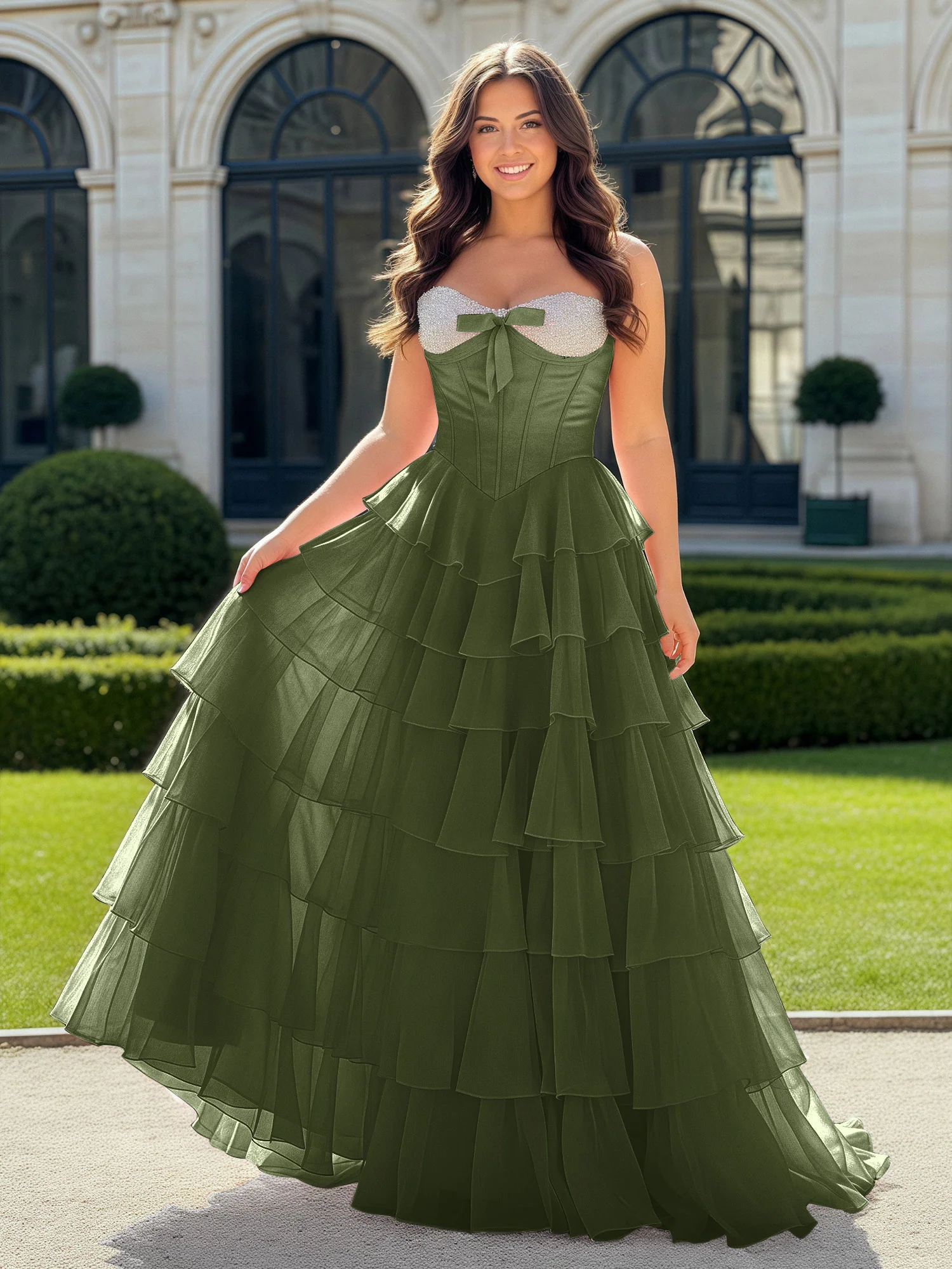 A-Line Beaded Sweetheart Neck Tiered Chiffon Dress Olive Green