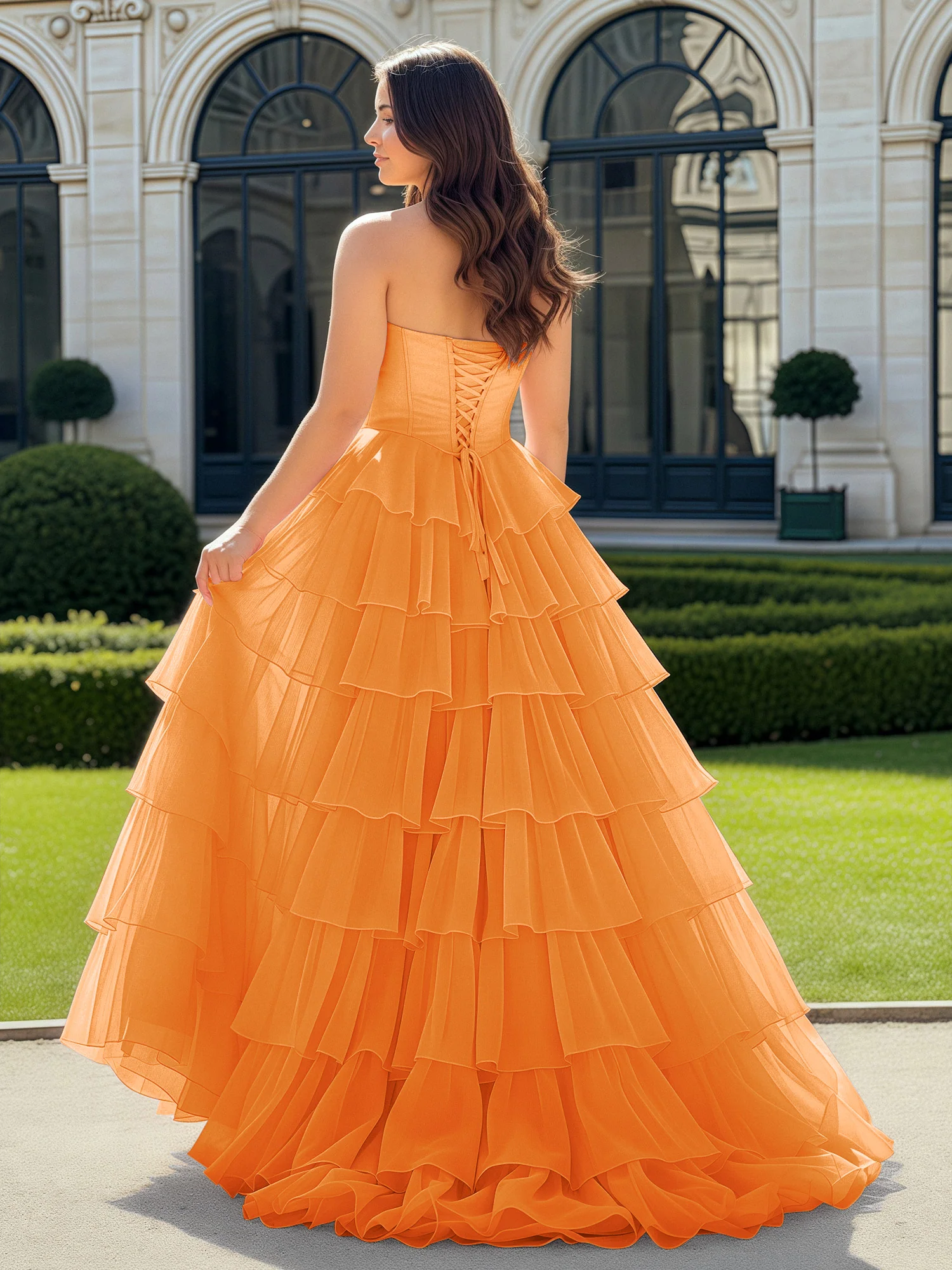 A-Line Beaded Sweetheart Neck Tiered Chiffon Dress Orange - Image 2