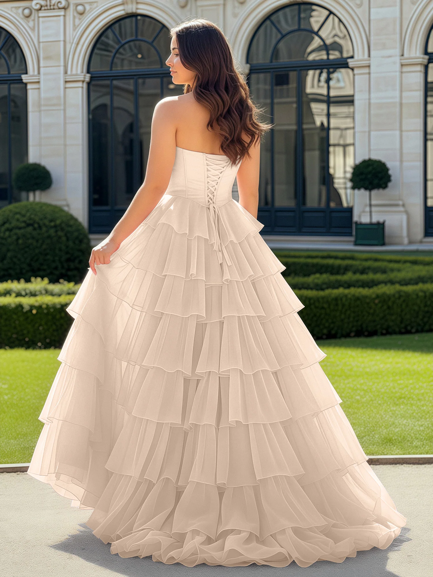 A-Line Beaded Sweetheart Neck Tiered Chiffon Dress Peach - Image 2