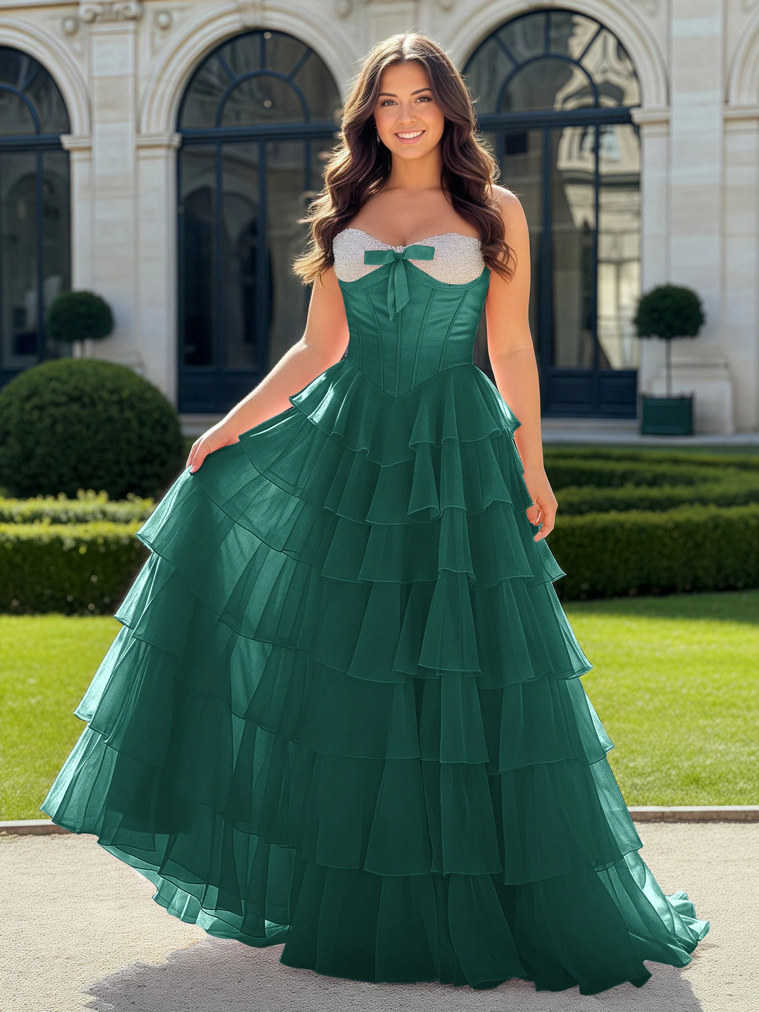 A-Line Beaded Sweetheart Neck Tiered Chiffon Dress Peacock