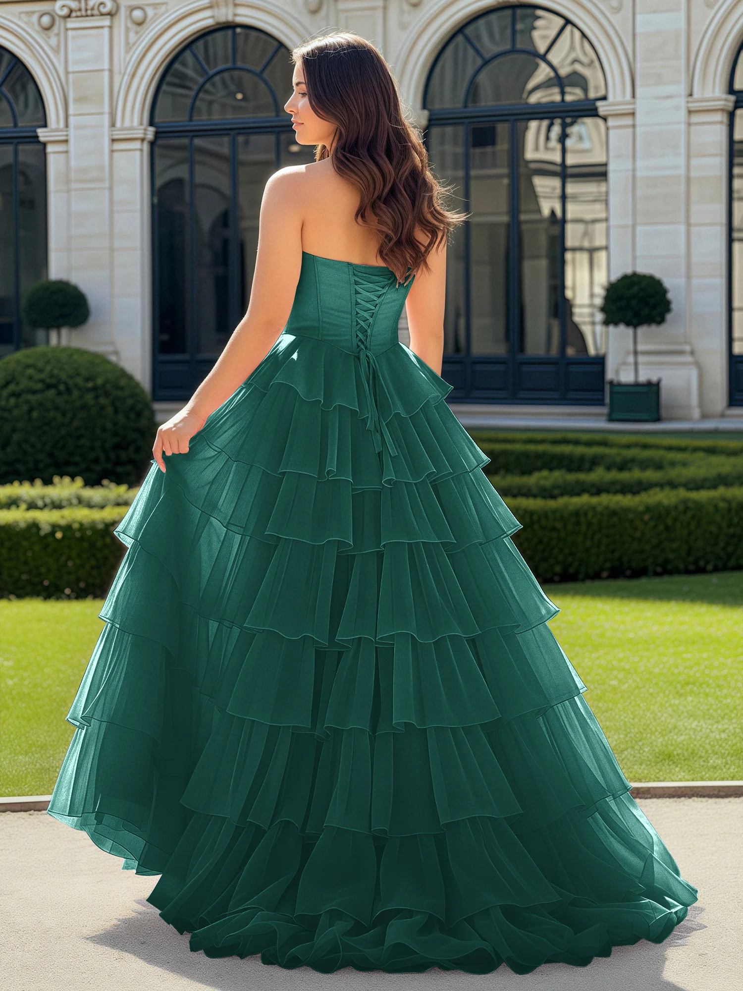 A-Line Beaded Sweetheart Neck Tiered Chiffon Dress Peacock - Image 2