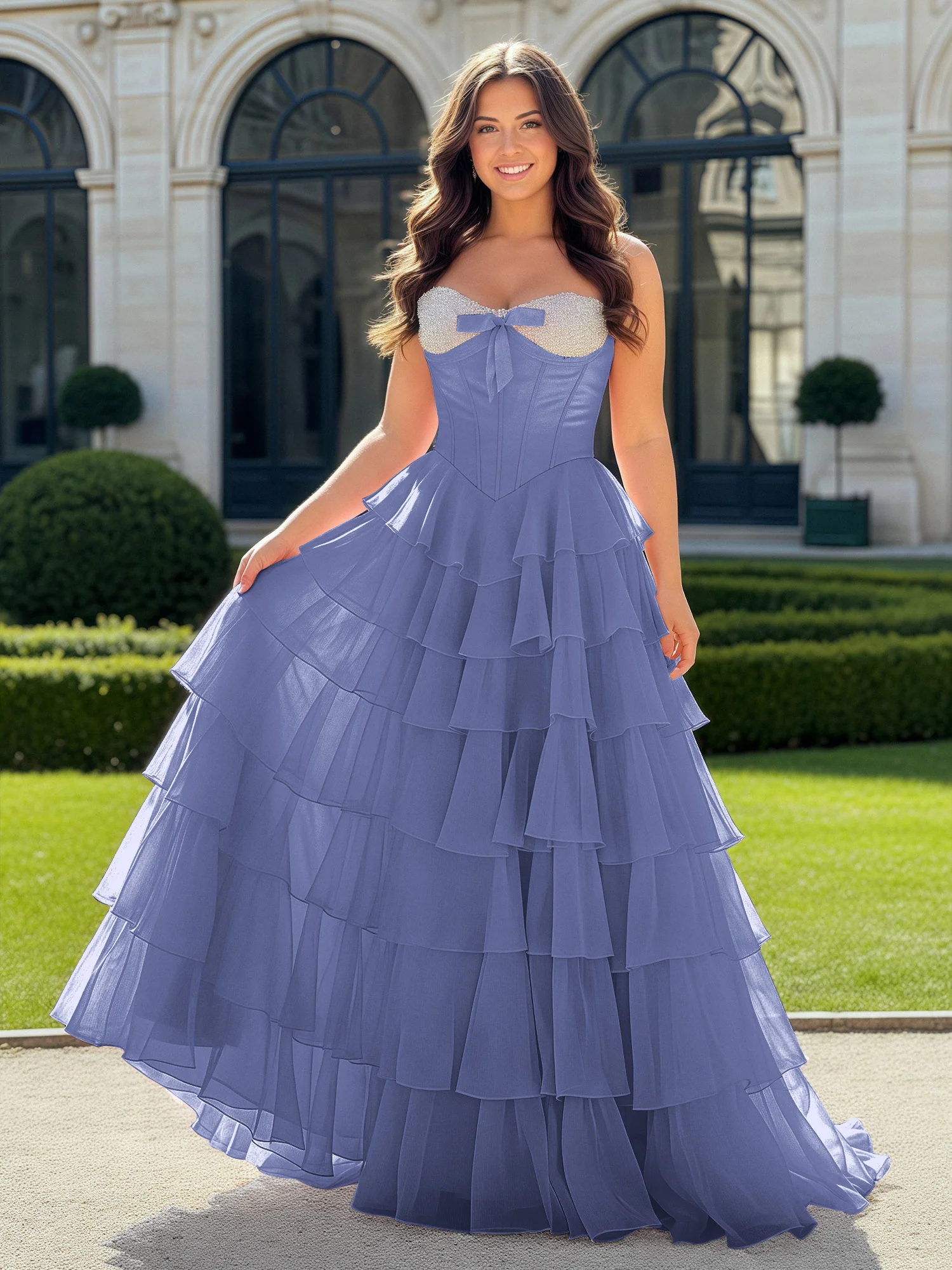 A-Line Beaded Sweetheart Neck Tiered Chiffon Dress Periwinkle