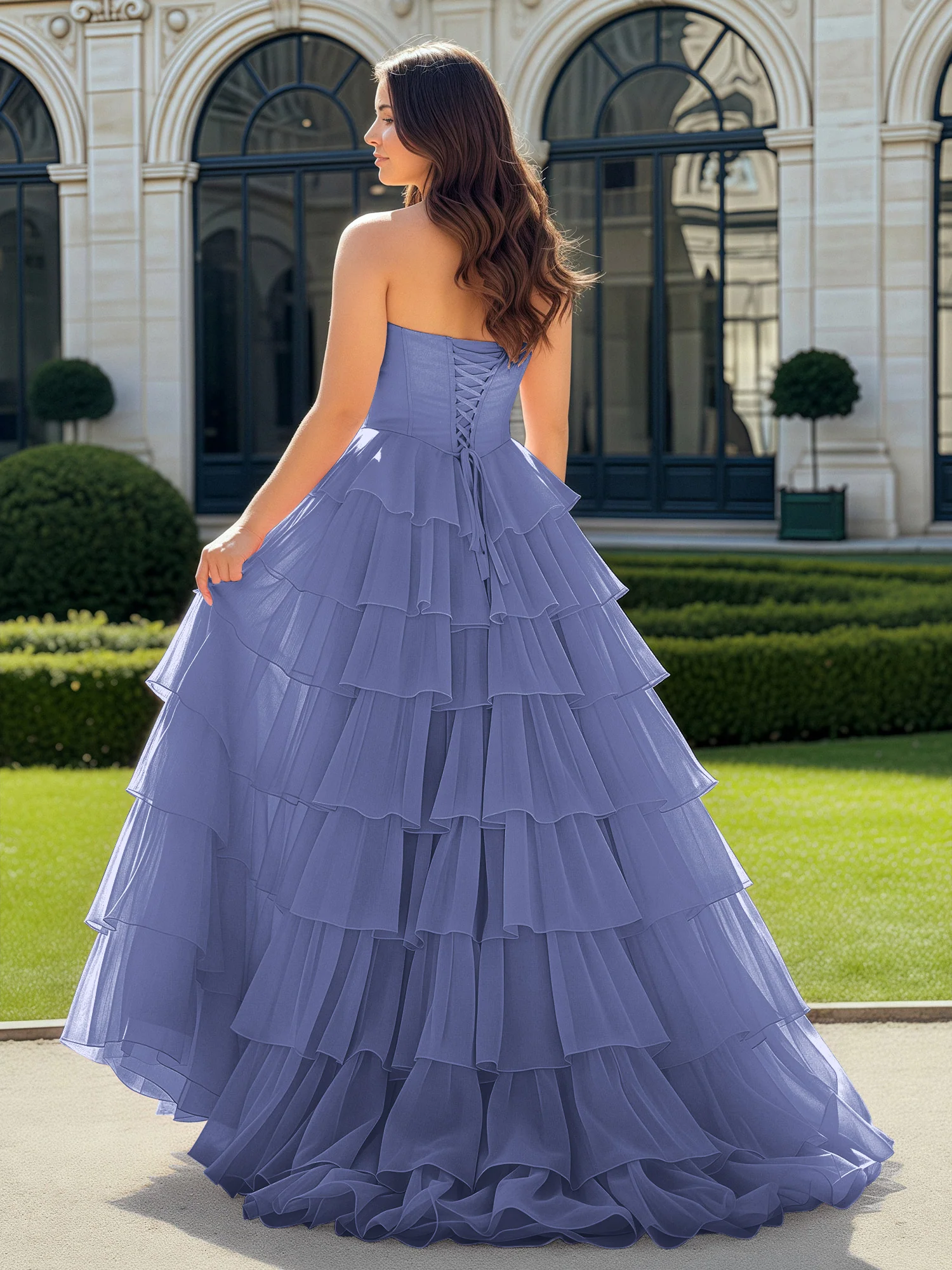 A-Line Beaded Sweetheart Neck Tiered Chiffon Dress Periwinkle - Image 2
