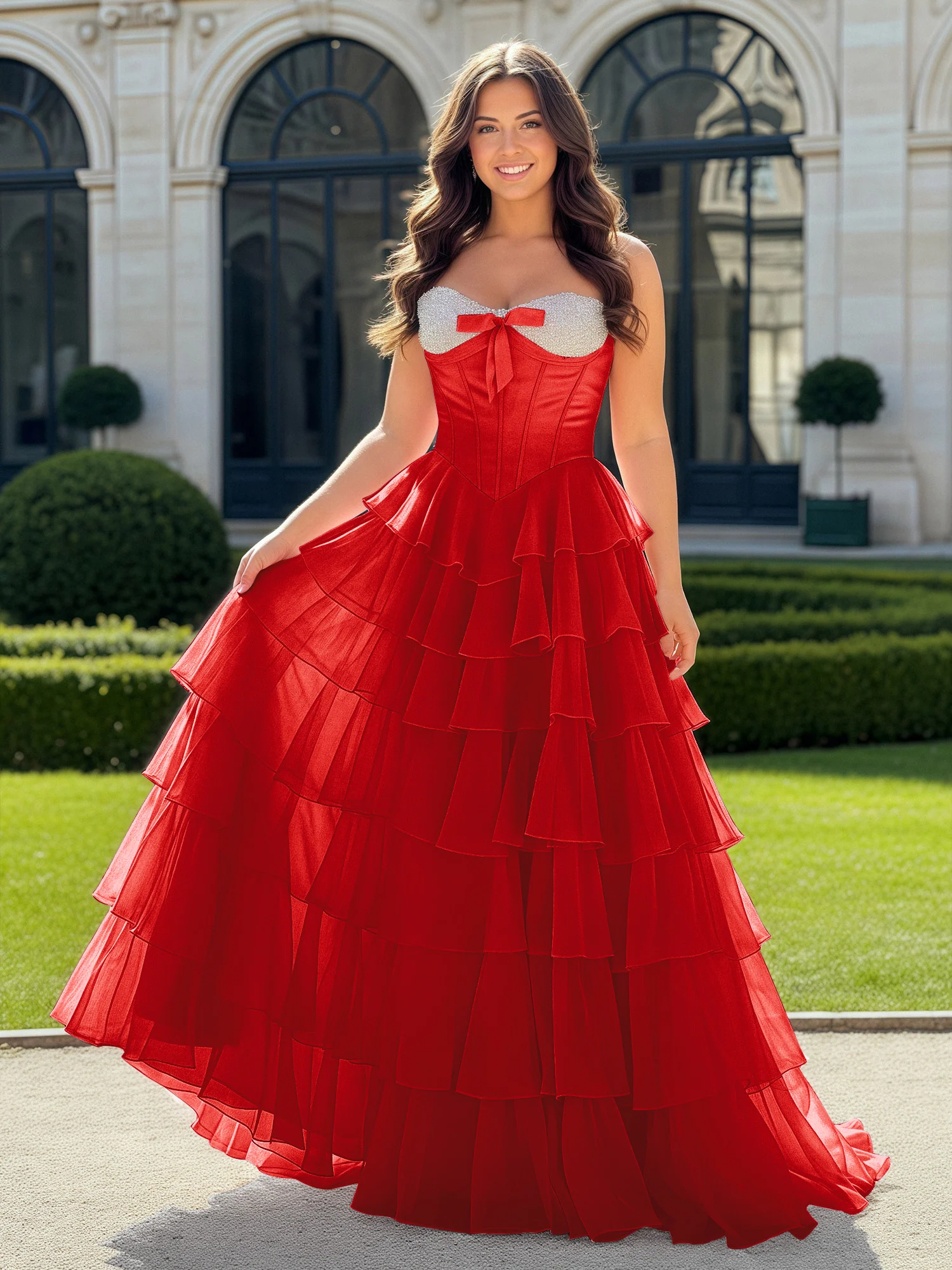 A-Line Beaded Sweetheart Neck Tiered Chiffon Dress Red