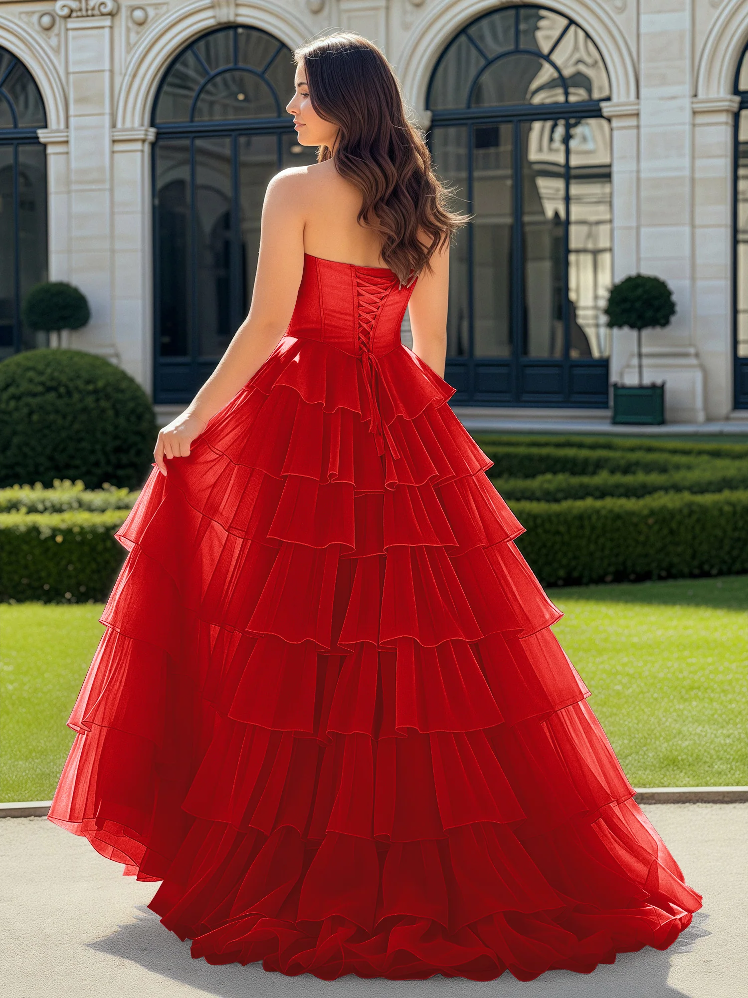 A-Line Beaded Sweetheart Neck Tiered Chiffon Dress Red - Image 2