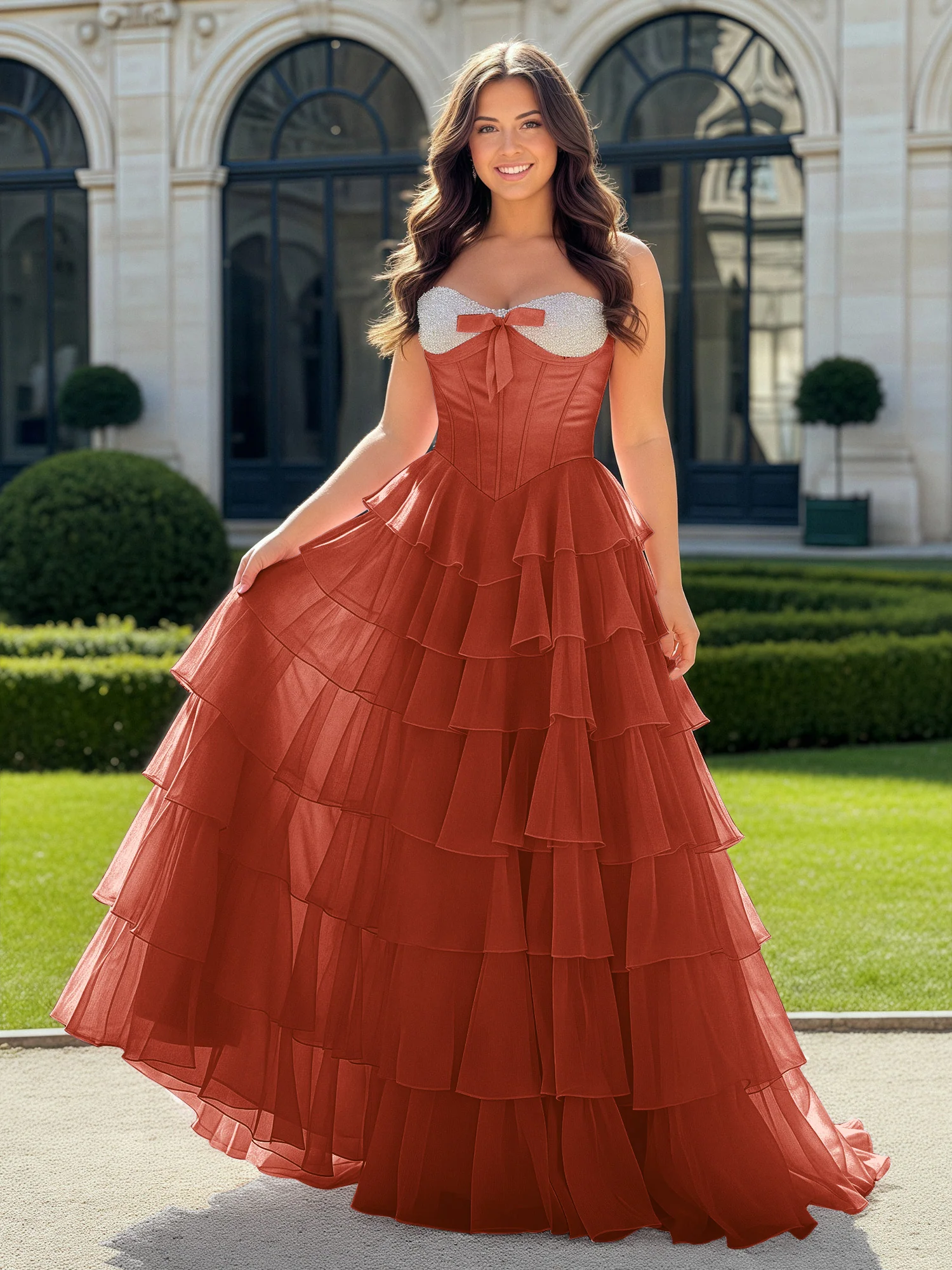 A-Line Beaded Sweetheart Neck Tiered Chiffon Dress Rust