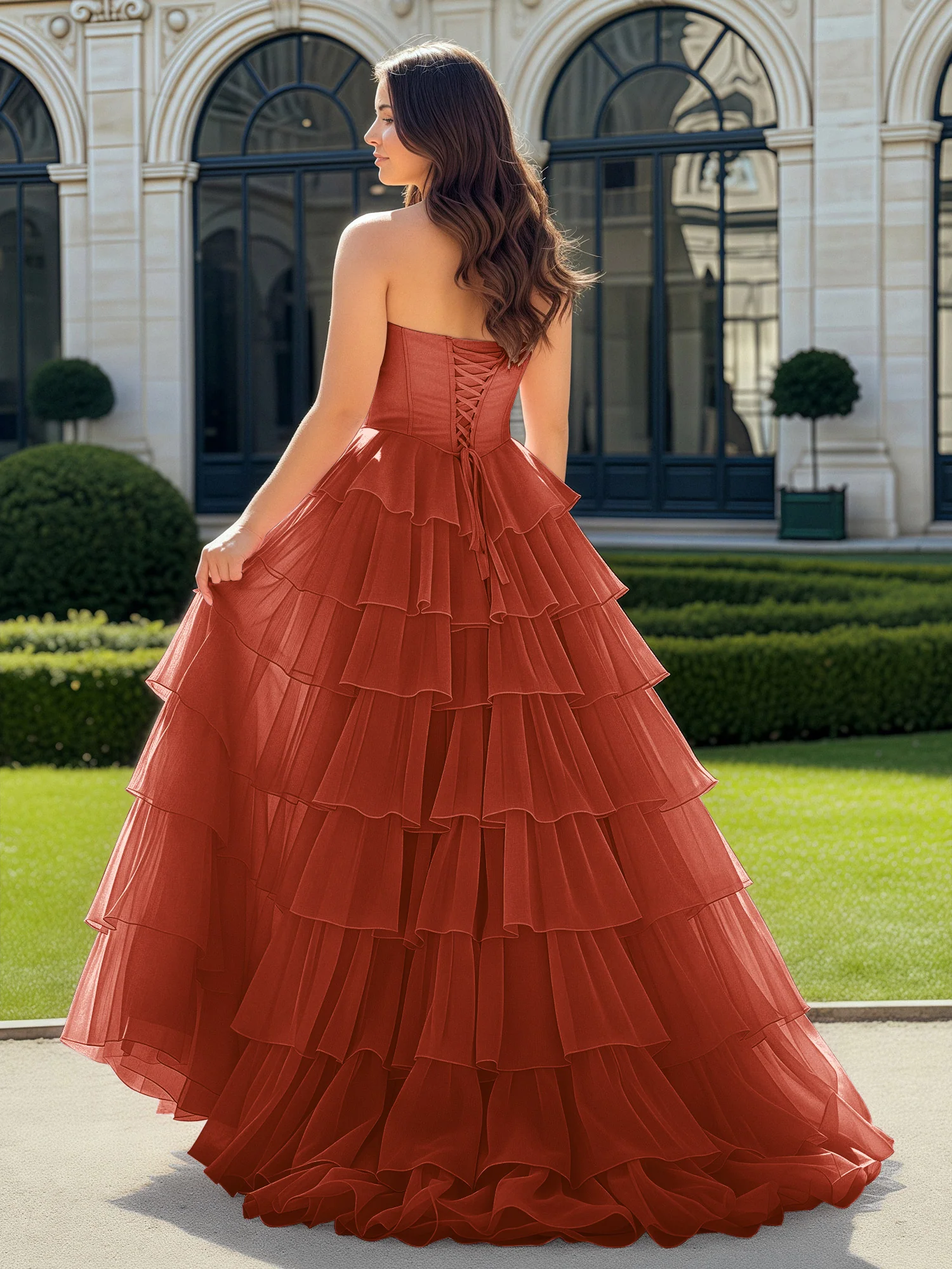 A-Line Beaded Sweetheart Neck Tiered Chiffon Dress Rust - Image 2