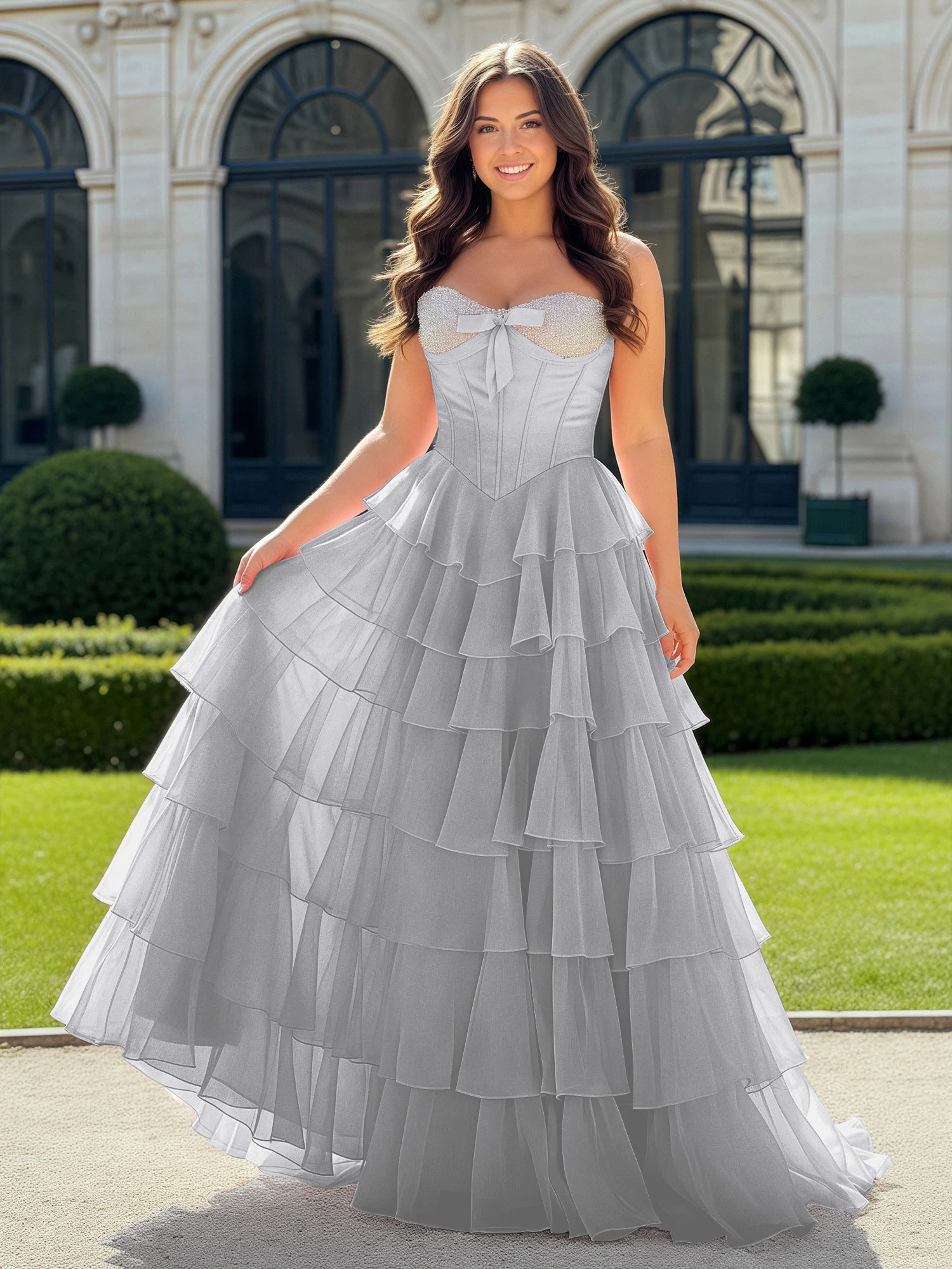 A-Line Beaded Sweetheart Neck Tiered Chiffon Dress Silver
