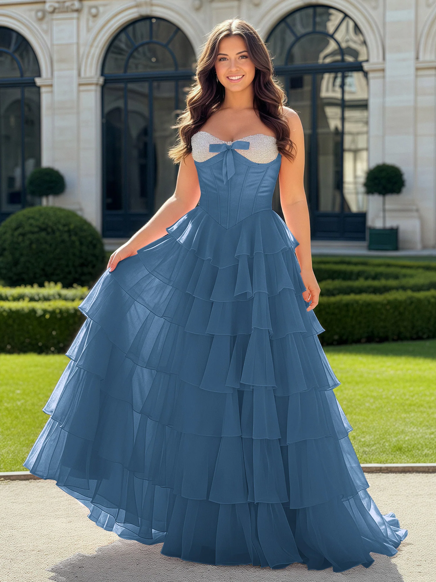 A-Line Beaded Sweetheart Neck Tiered Chiffon Dress Slate Blue