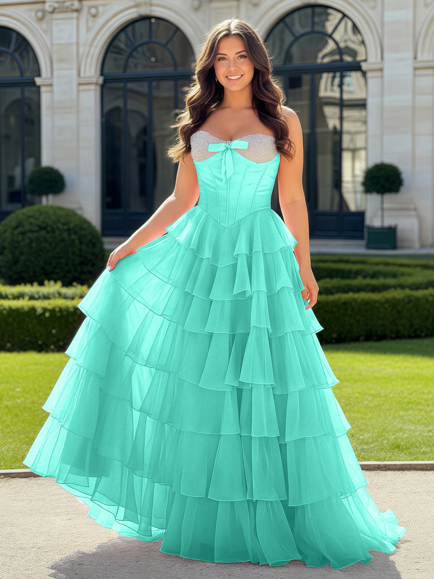 A-Line Beaded Sweetheart Neck Tiered Chiffon Dress Spa