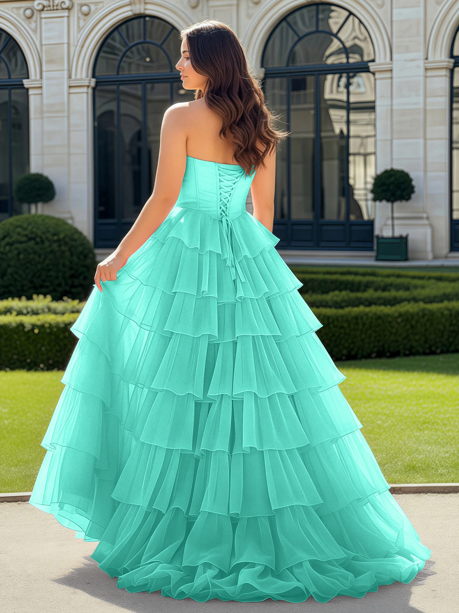 A-Line Beaded Sweetheart Neck Tiered Chiffon Dress Spa - Image 2