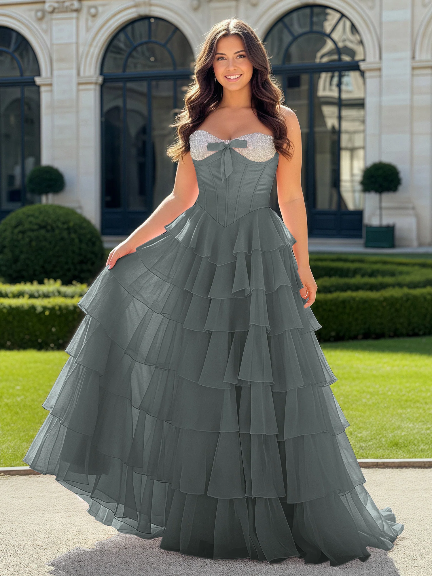 A-Line Beaded Sweetheart Neck Tiered Chiffon Dress Steel Grey