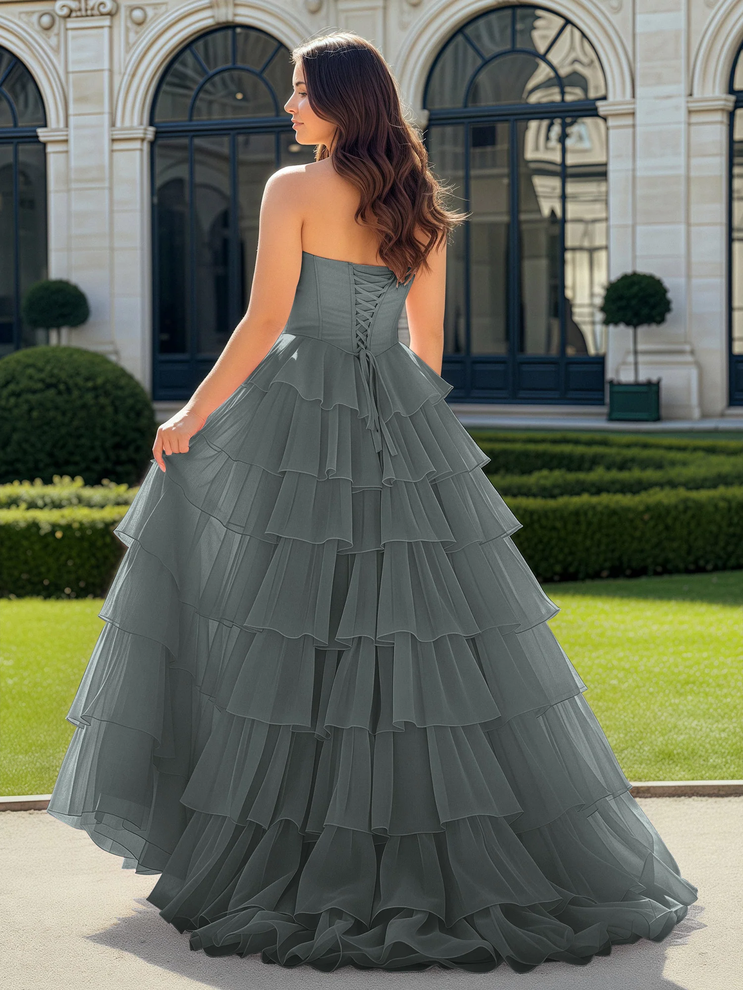 A-Line Beaded Sweetheart Neck Tiered Chiffon Dress Steel Grey - Image 2