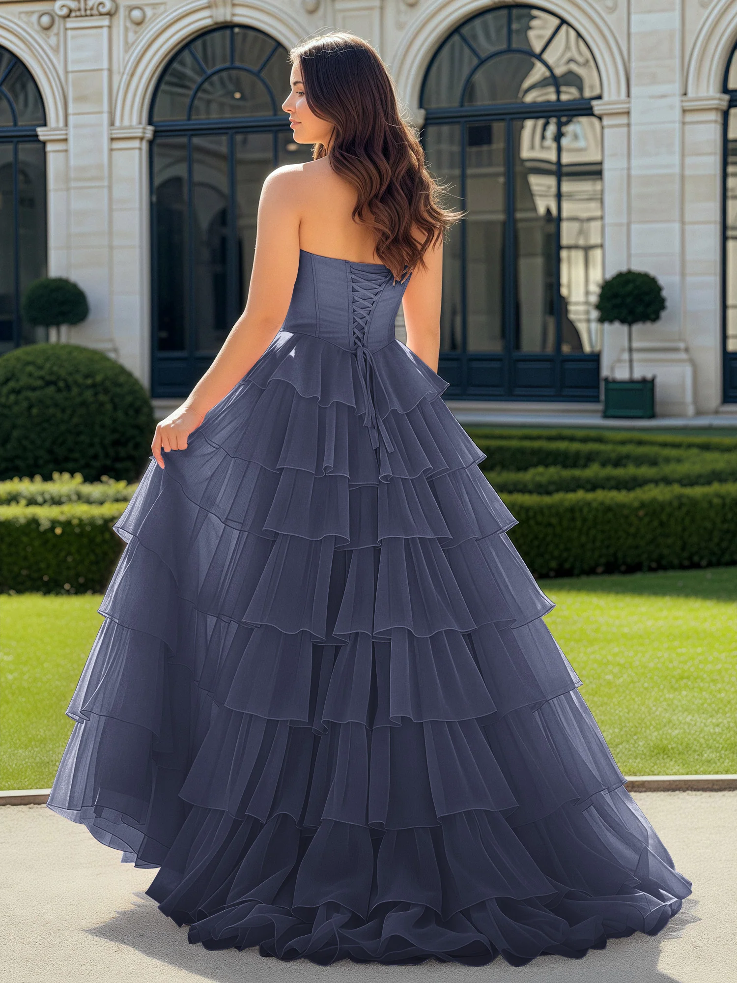 A-Line Beaded Sweetheart Neck Tiered Chiffon Dress Stormy - Image 2