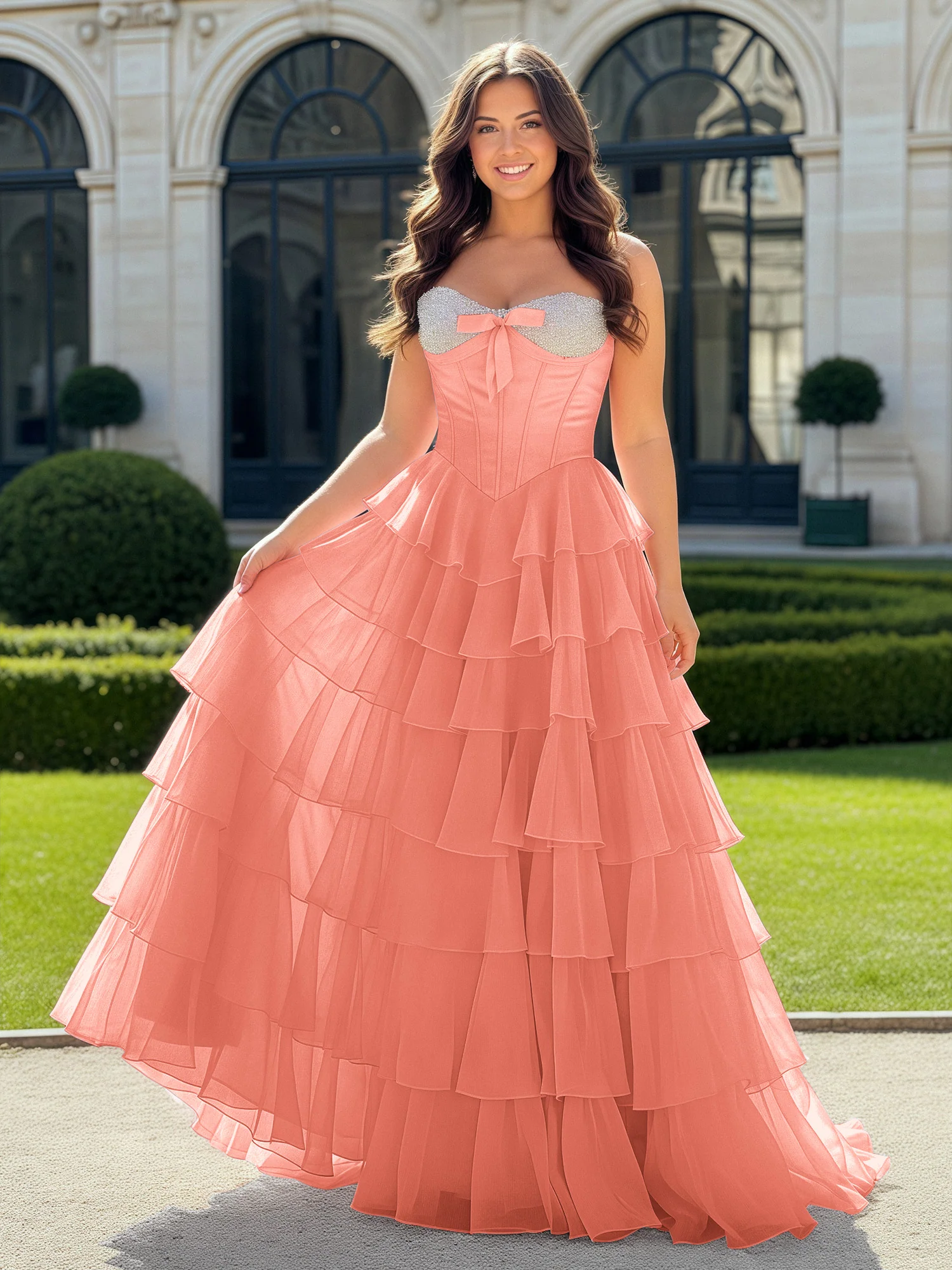 A-Line Beaded Sweetheart Neck Tiered Chiffon Dress Sunset