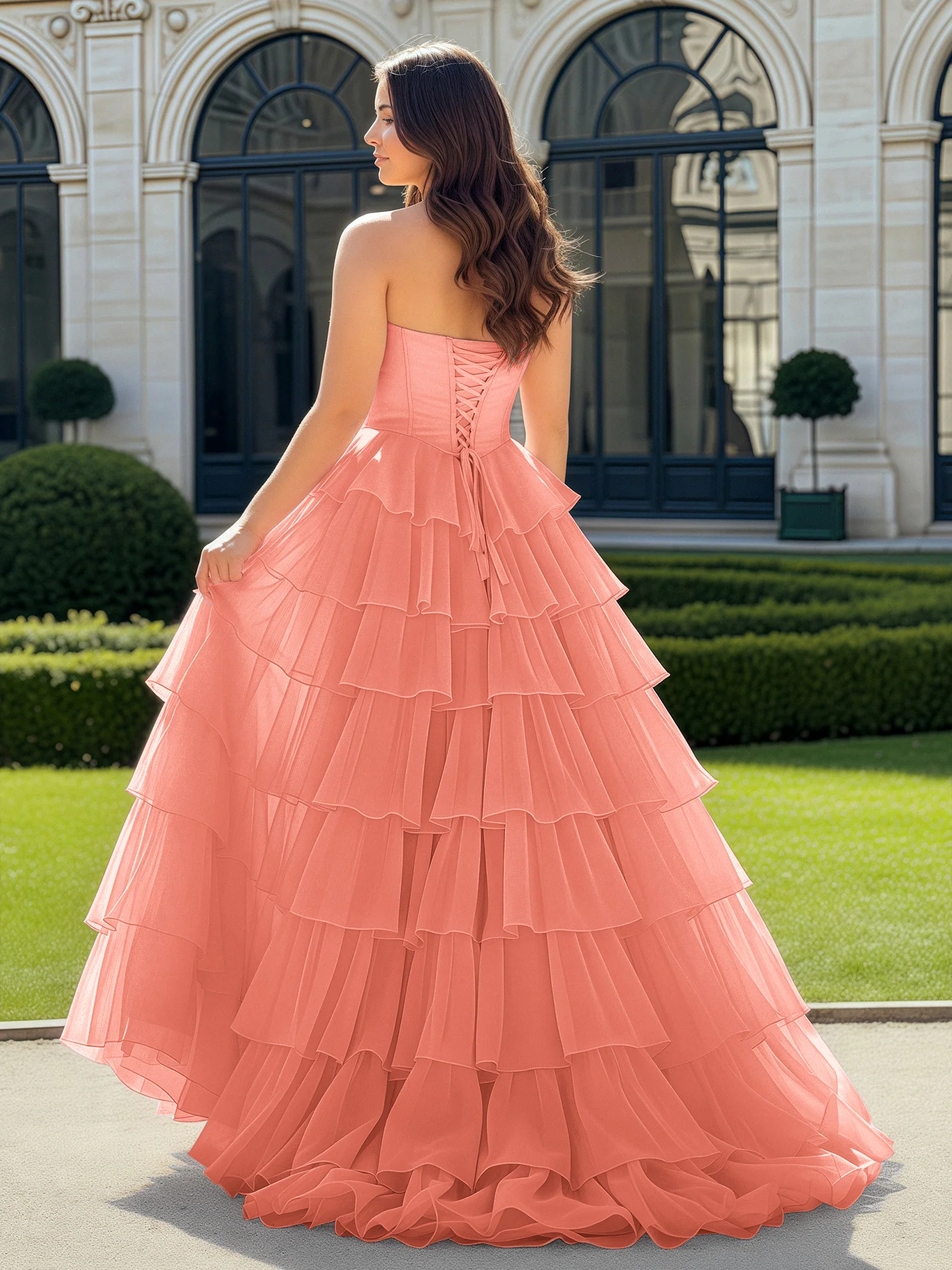 A-Line Beaded Sweetheart Neck Tiered Chiffon Dress Sunset - Image 2