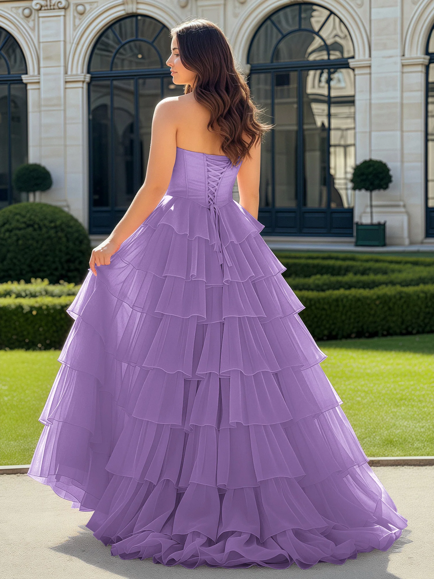 A-Line Beaded Sweetheart Neck Tiered Chiffon Dress Tahiti - Image 2