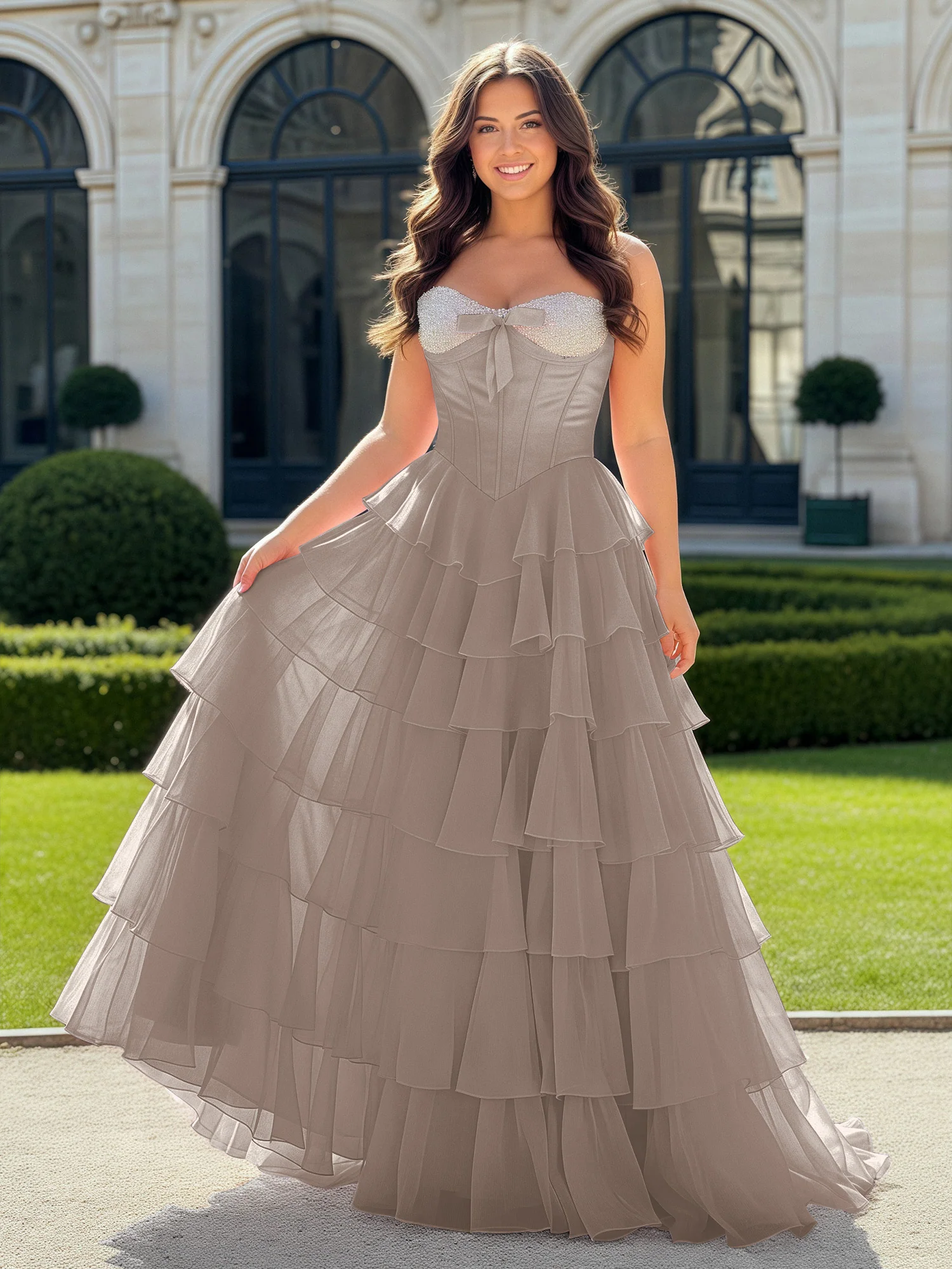 A-Line Beaded Sweetheart Neck Tiered Chiffon Dress Taupe