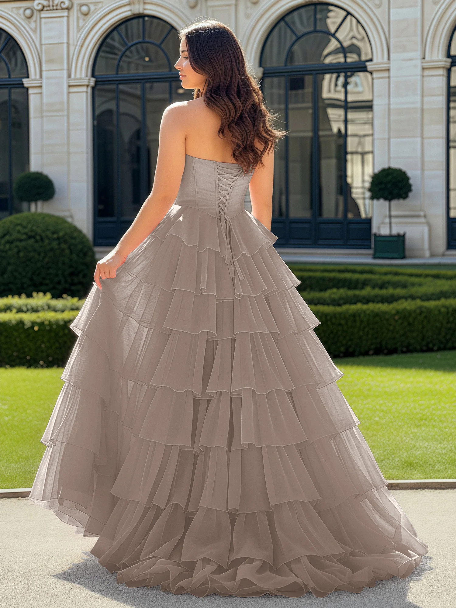 A-Line Beaded Sweetheart Neck Tiered Chiffon Dress Taupe - Image 2