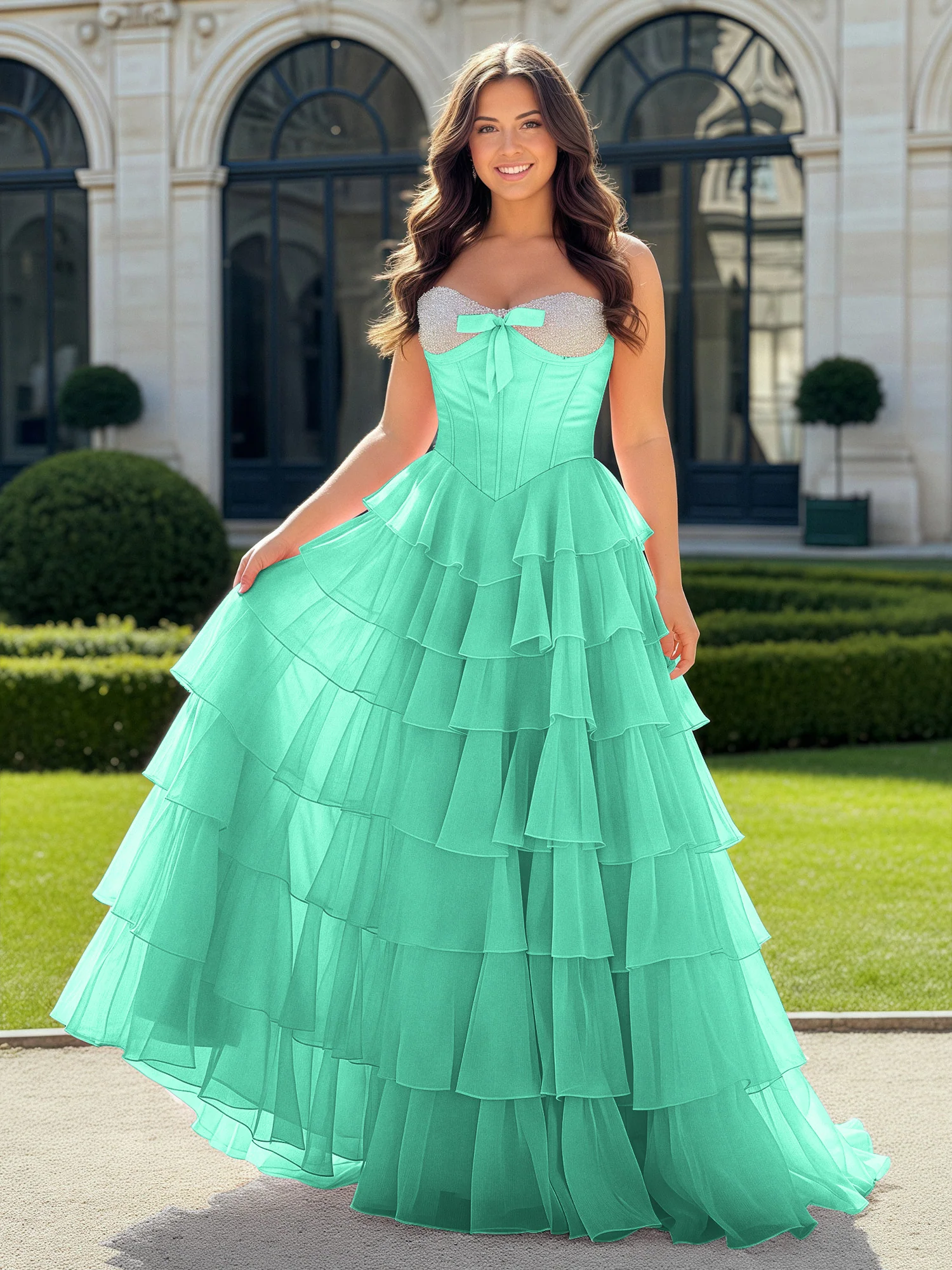 A-Line Beaded Sweetheart Neck Tiered Chiffon Dress Turquoise