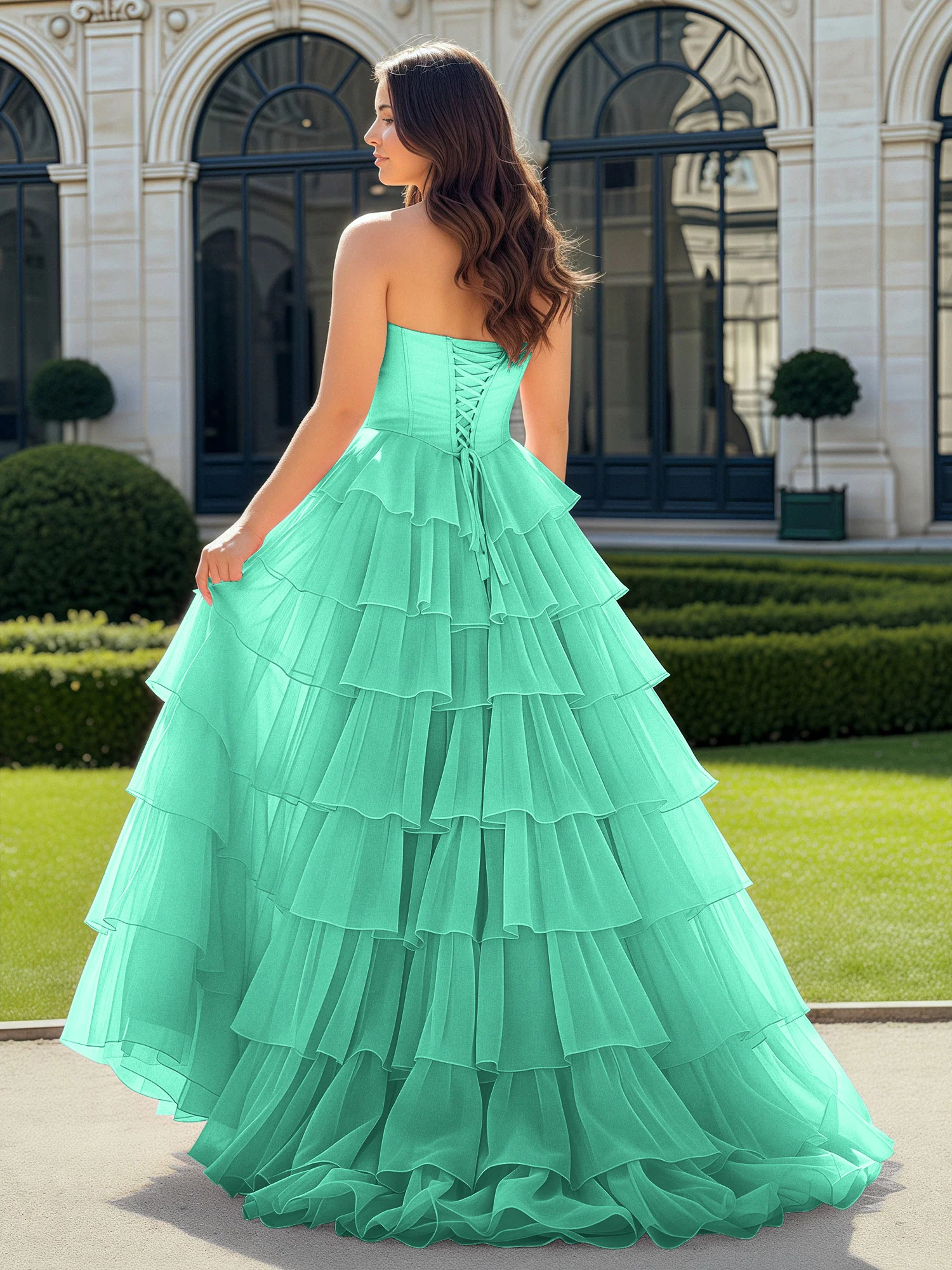 A-Line Beaded Sweetheart Neck Tiered Chiffon Dress Turquoise - Image 2