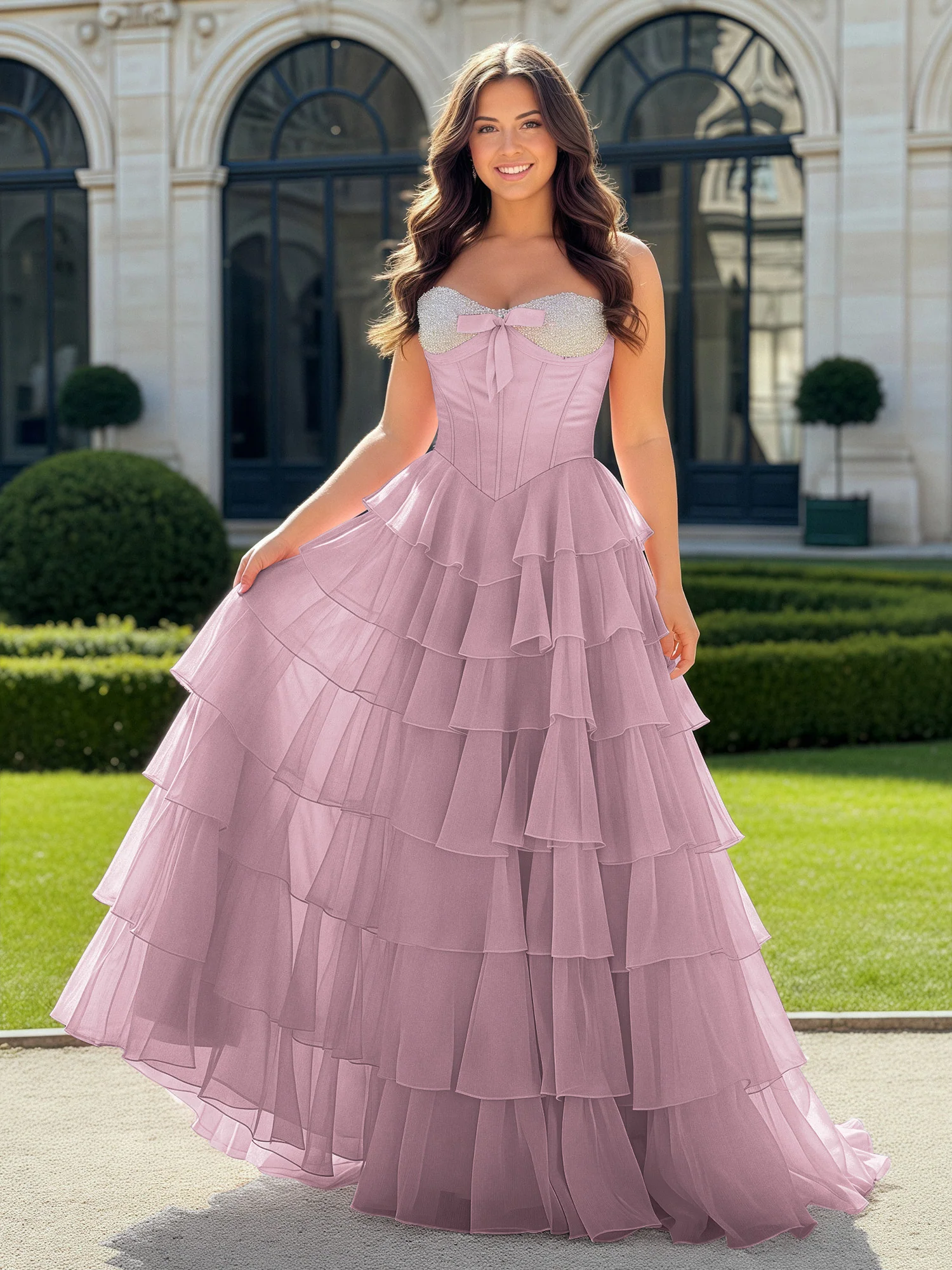 A-Line Beaded Sweetheart Neck Tiered Chiffon Dress Vintage Mauve