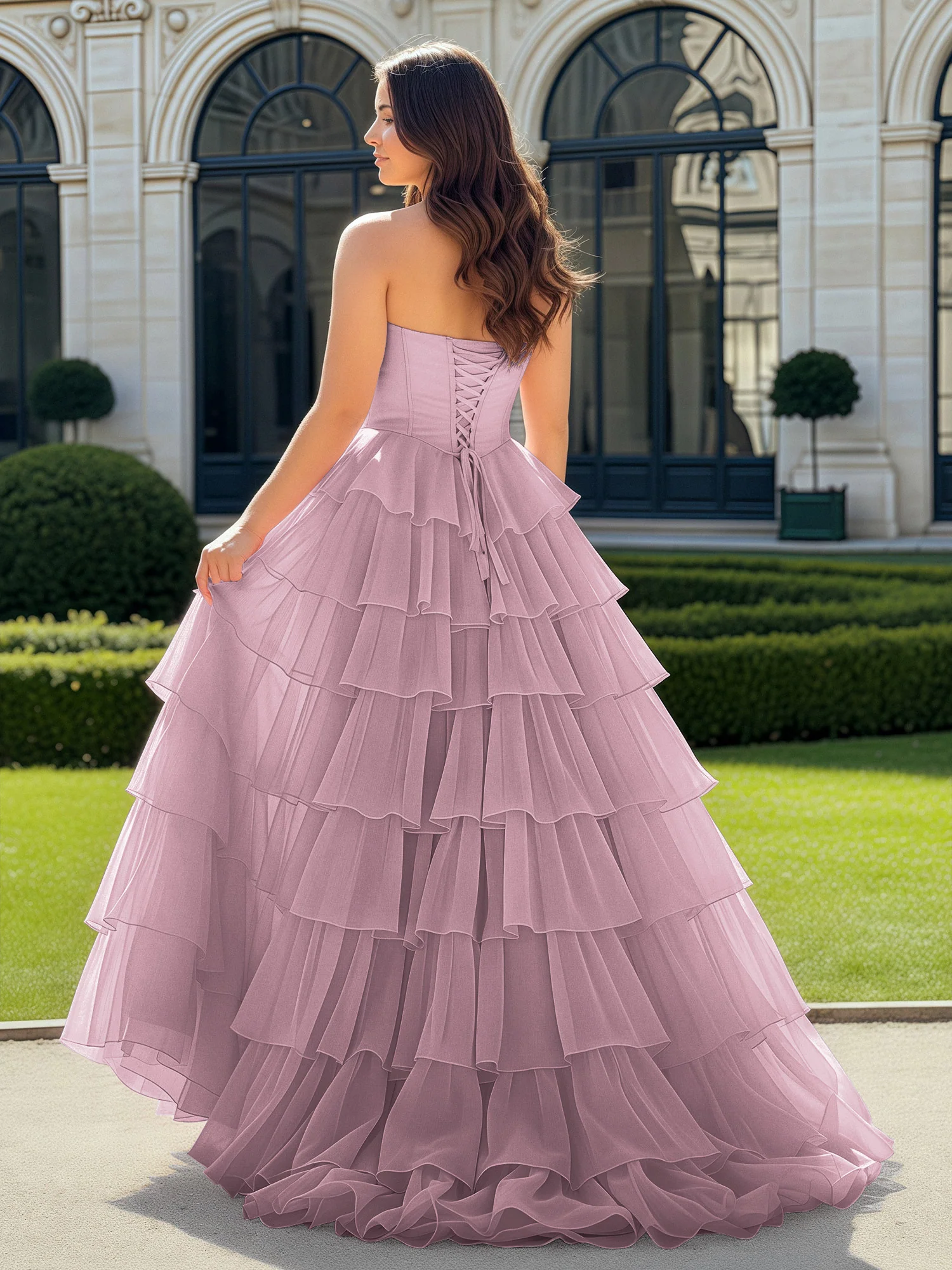 A-Line Beaded Sweetheart Neck Tiered Chiffon Dress Vintage Mauve - Image 2