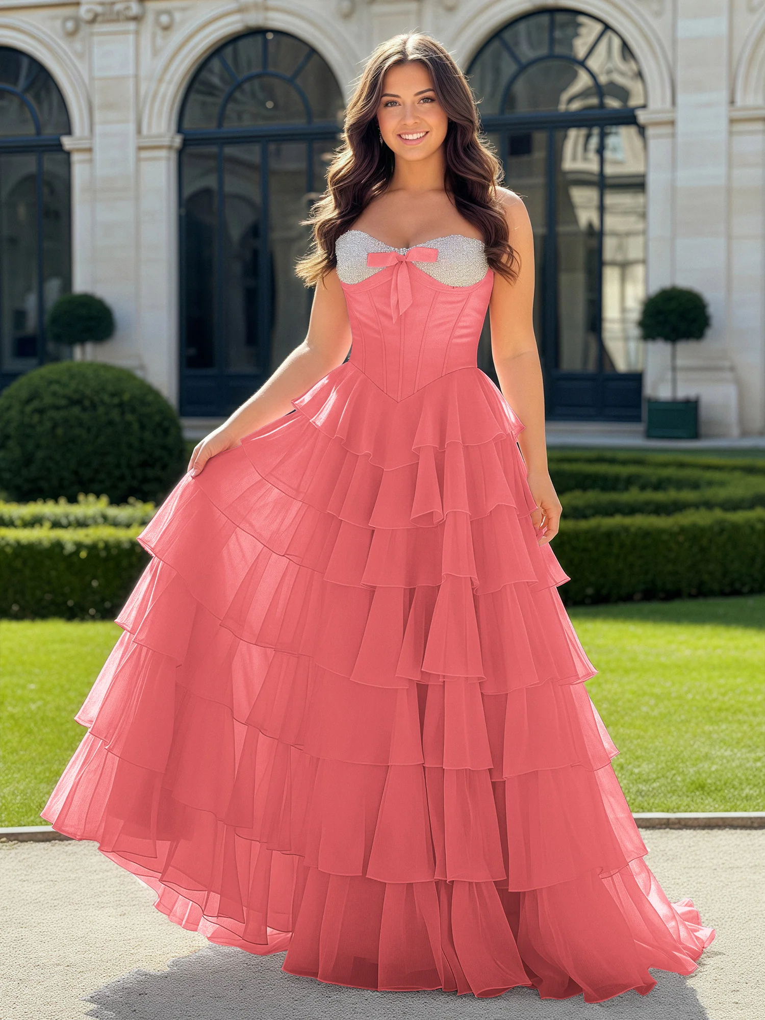 A-Line Beaded Sweetheart Neck Tiered Chiffon Dress Watermelon
