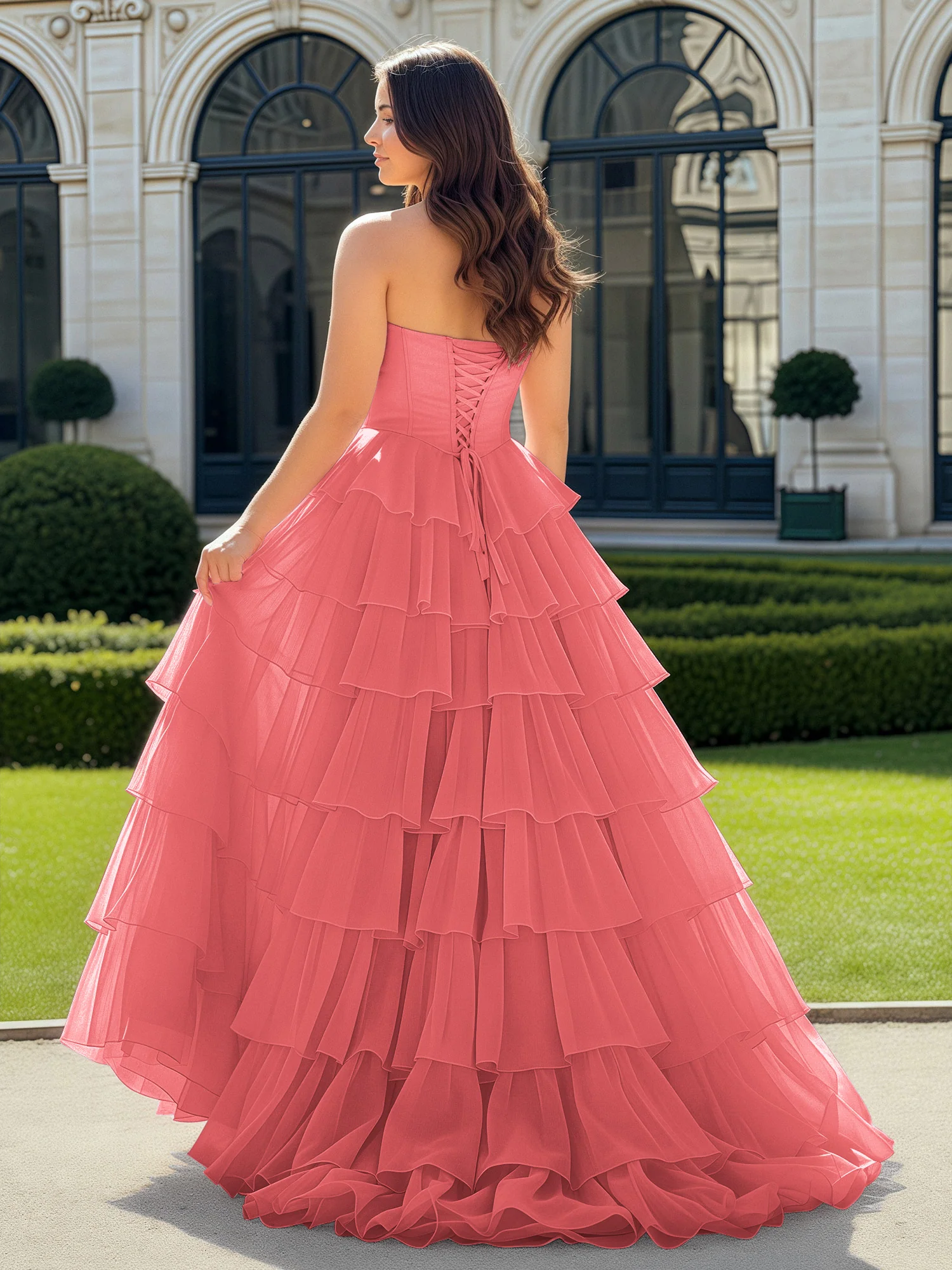 A-Line Beaded Sweetheart Neck Tiered Chiffon Dress Watermelon - Image 2