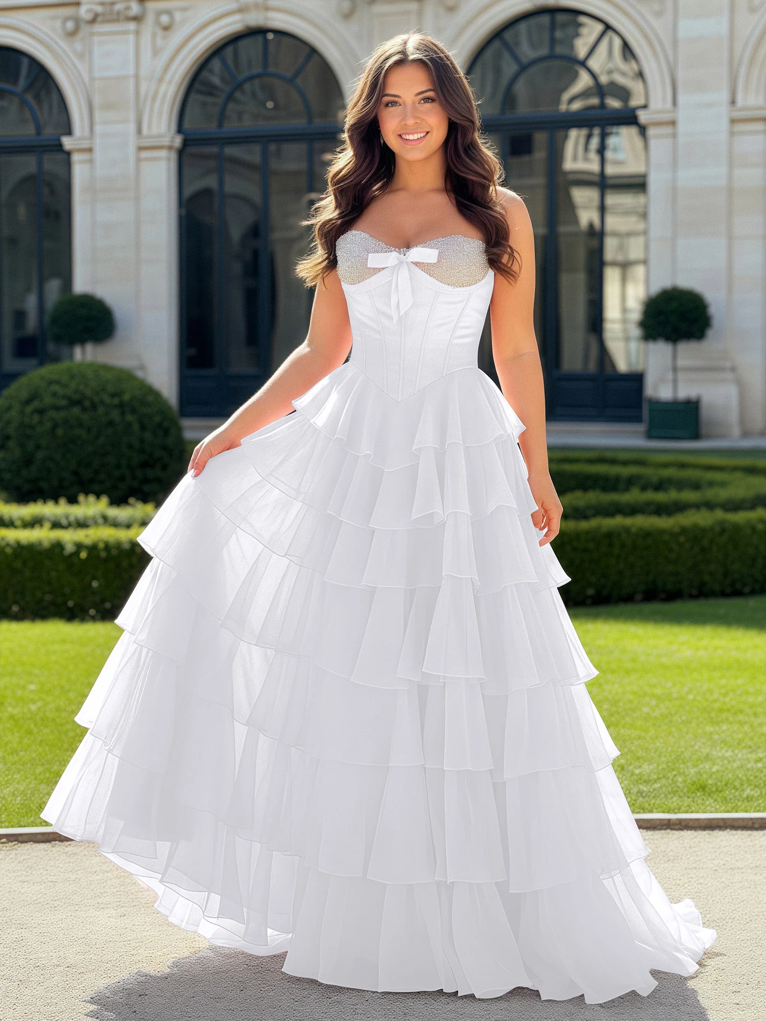 A-Line Beaded Sweetheart Neck Tiered Chiffon Dress White