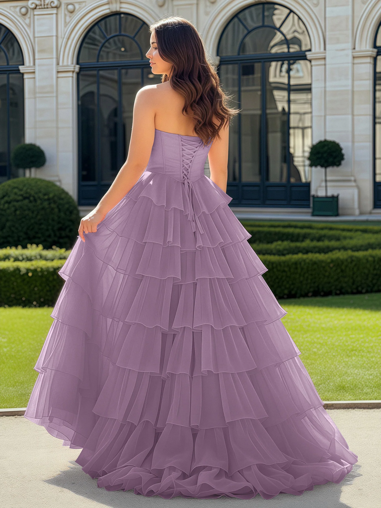 A-Line Beaded Sweetheart Neck Tiered Chiffon Dress Wisteria - Image 2