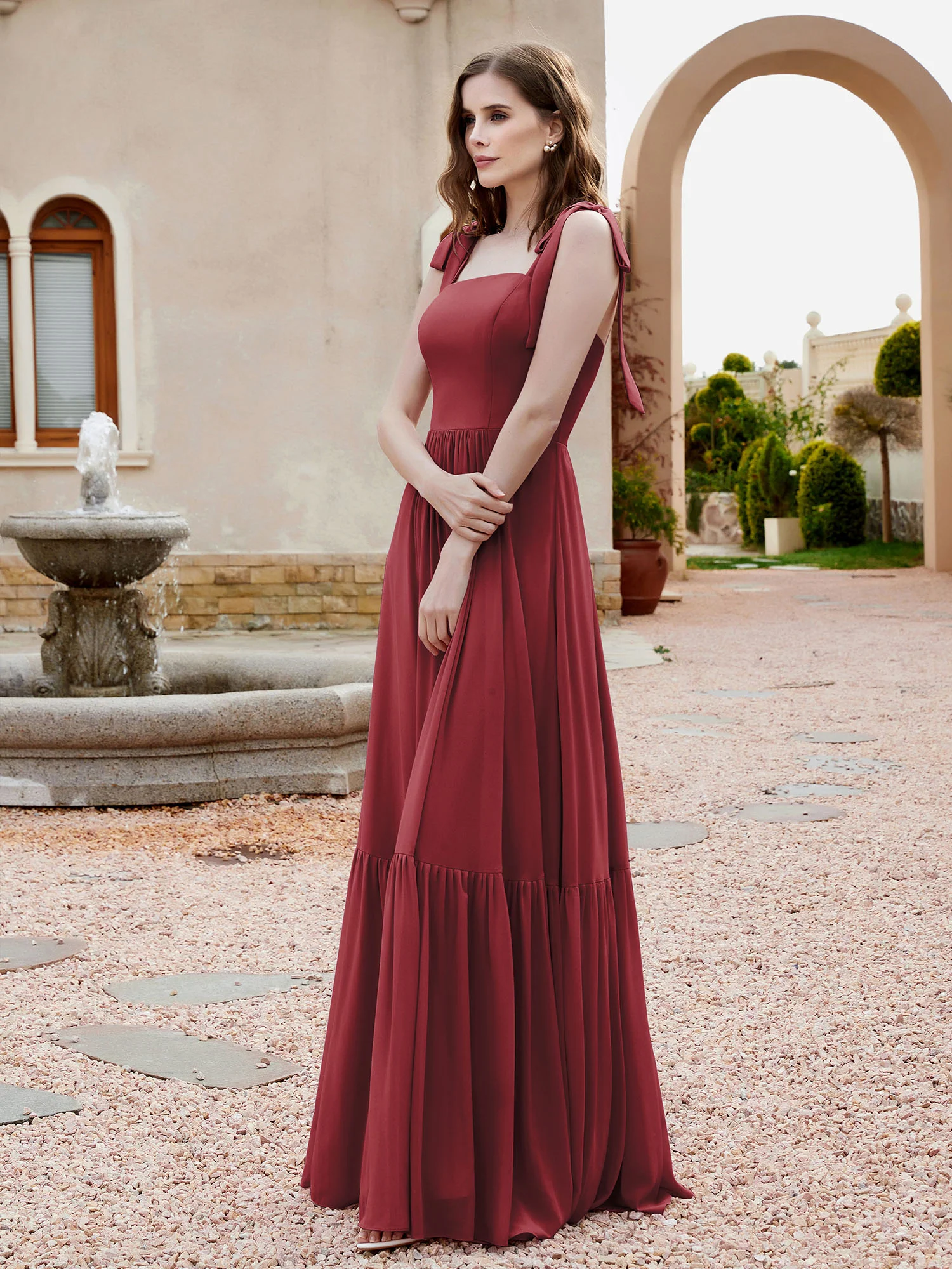 A-Line Bow Ruffle Sleeveless Chiffon Dress Cinnamon Rose - Image 3