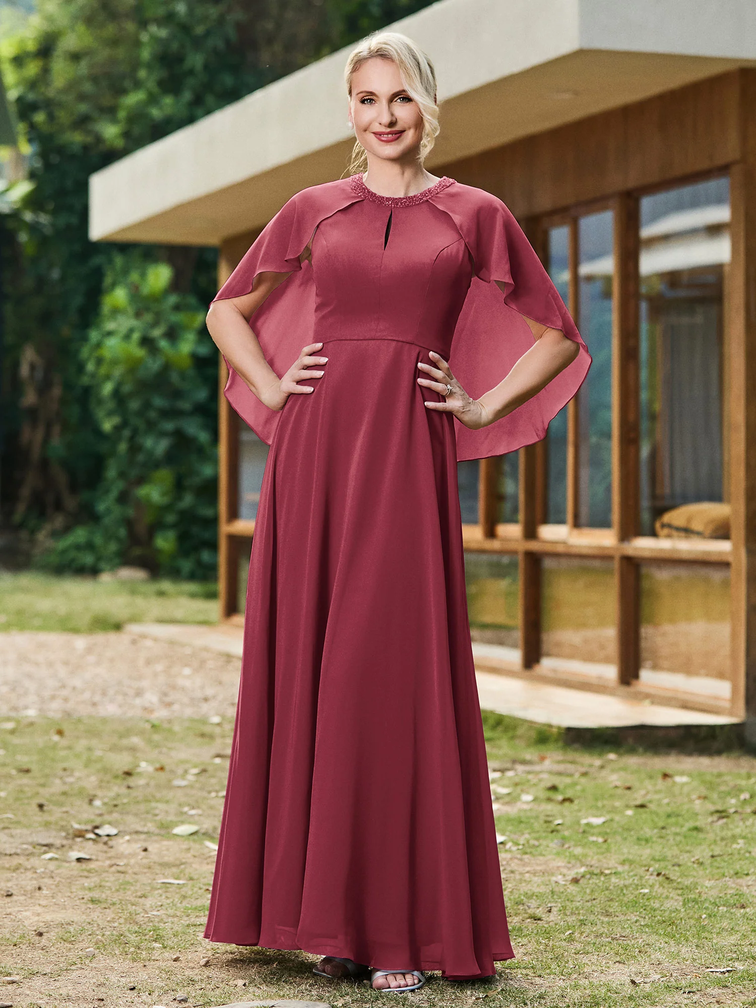 A-line Chiffon Dress with Diamond Neck Cape Cinnamon Rose