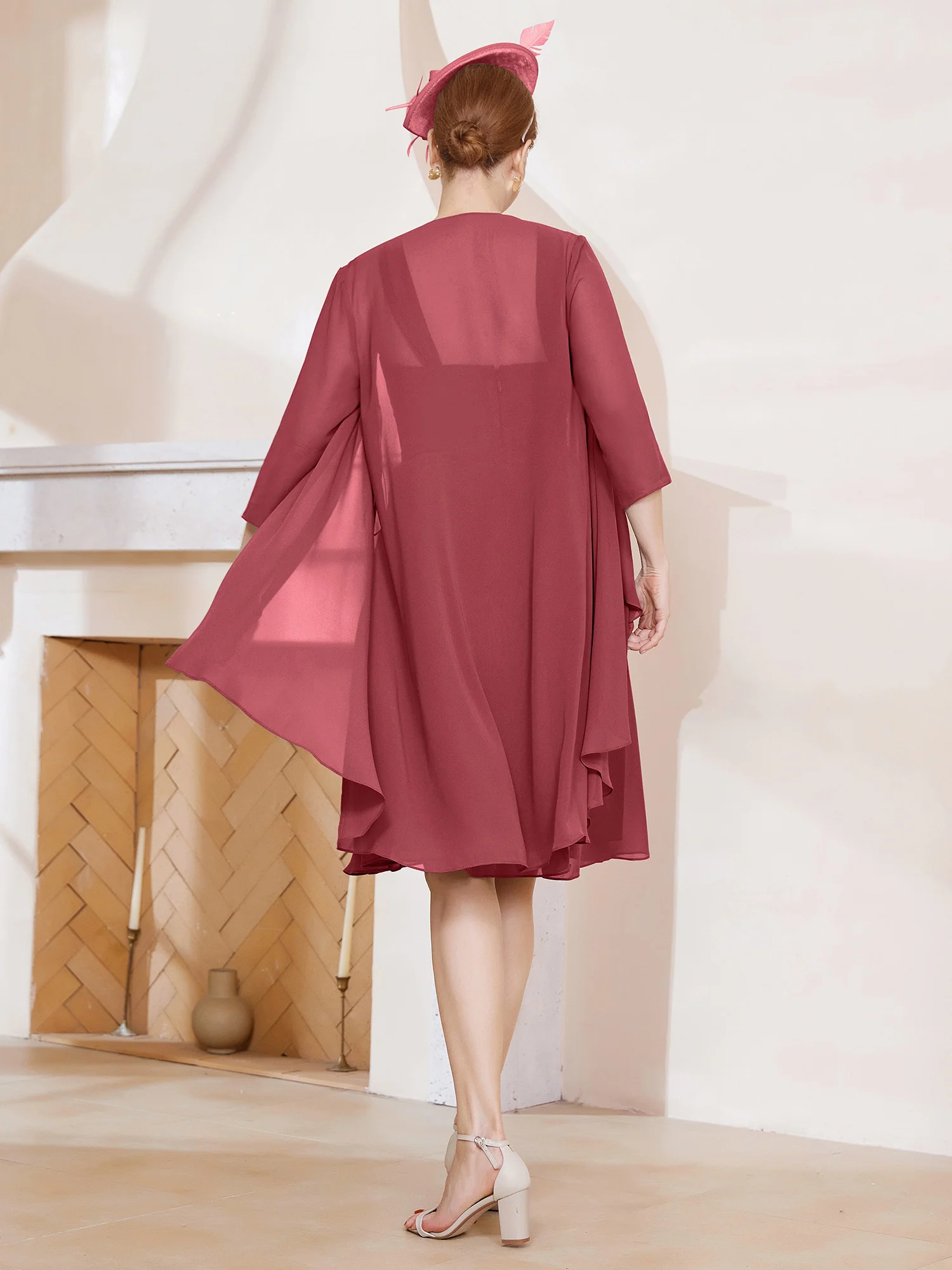 A-Line Chiffon Knee-length Dress With Jacket Cinnamon Rose - Image 2