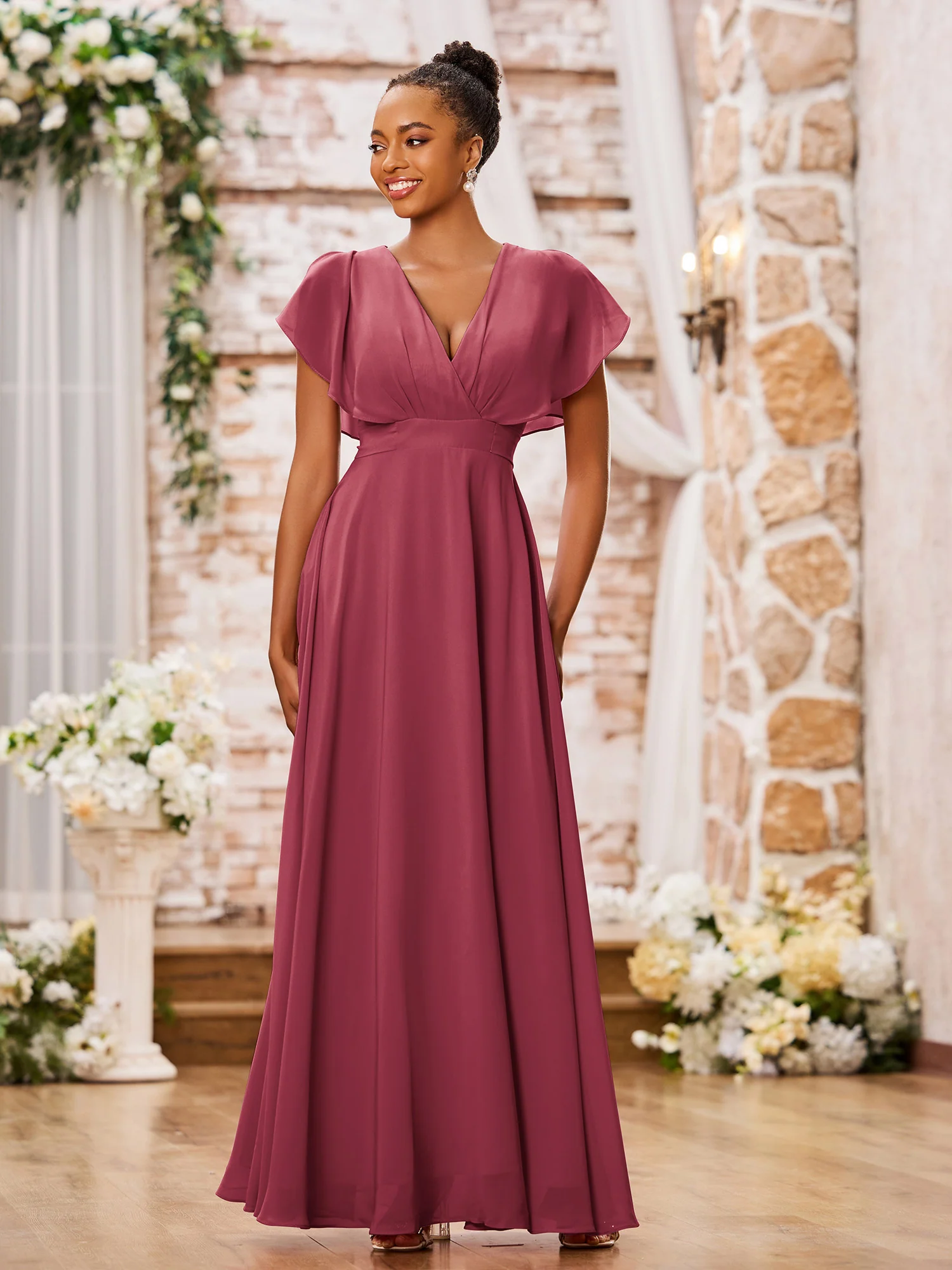 A-line Deep V-neck Long Chiffon Cap Sleeves Dresses Cinnamon Rose