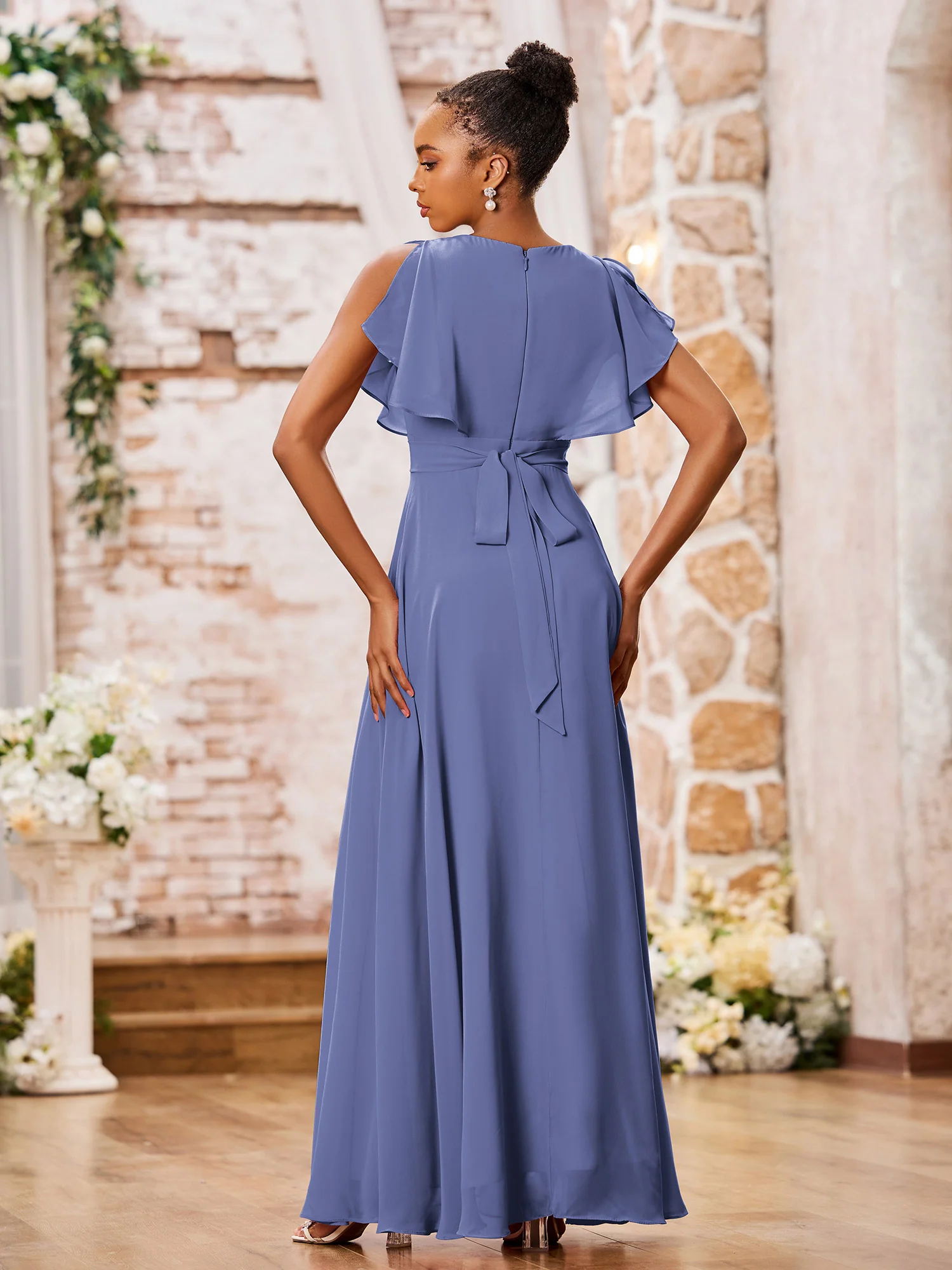 A-line Deep V-neck Long Chiffon Cap Sleeves Dresses Periwinkle - Image 2