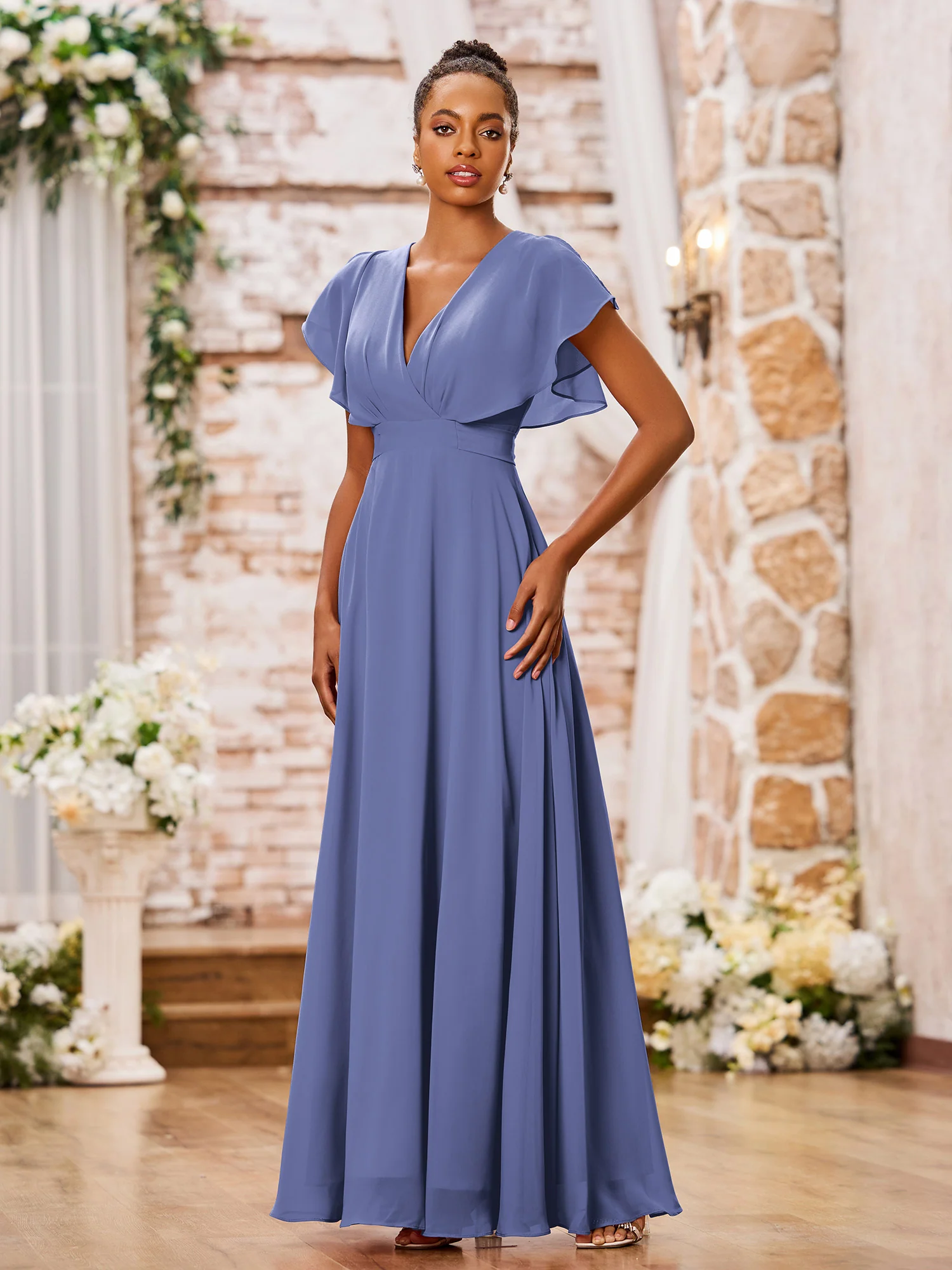 A-line Deep V-neck Long Chiffon Cap Sleeves Dresses Periwinkle - Image 3
