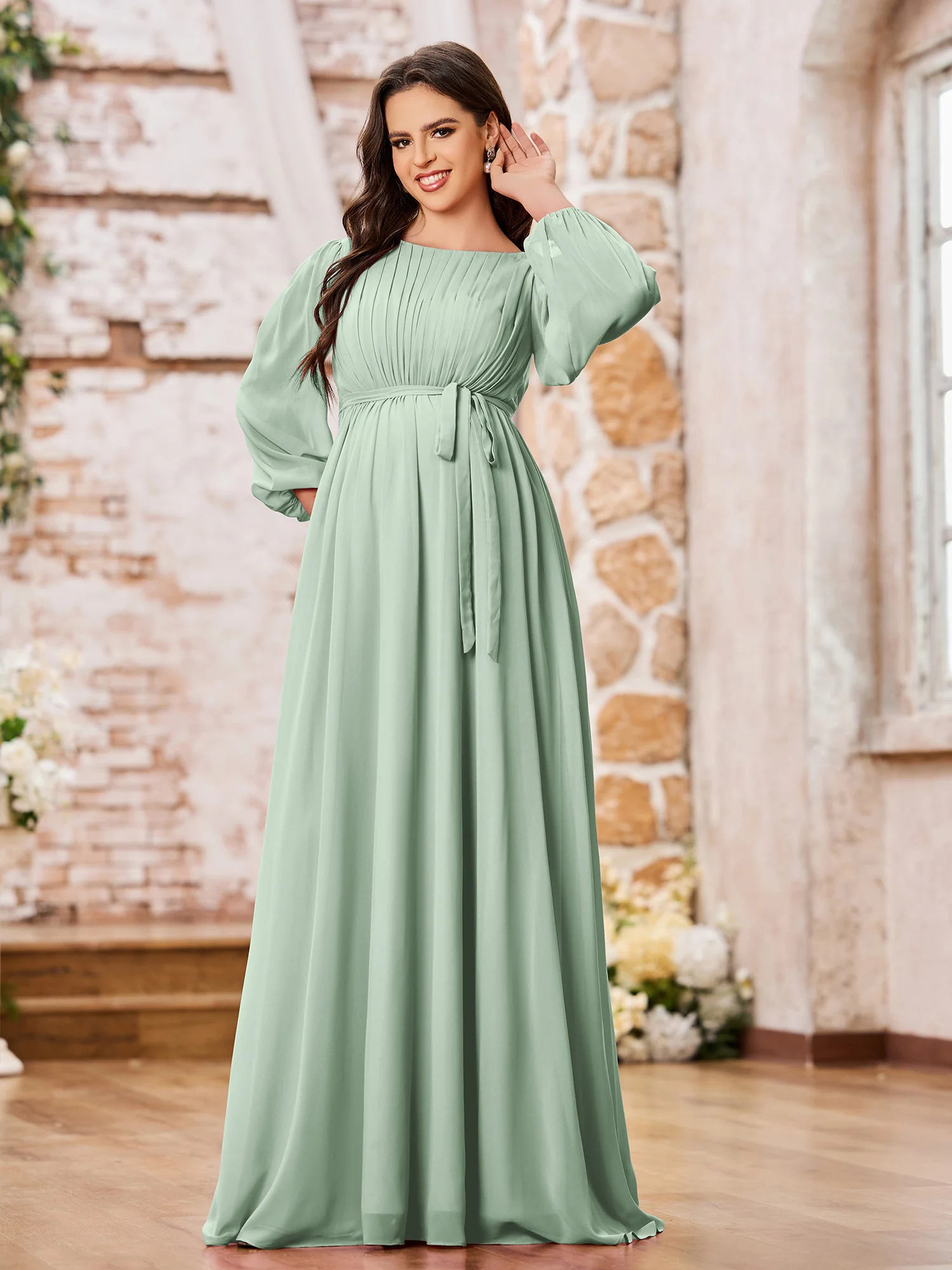A-line Empire Waist Long Sleeves Chiffon Dresses with Bow Agave