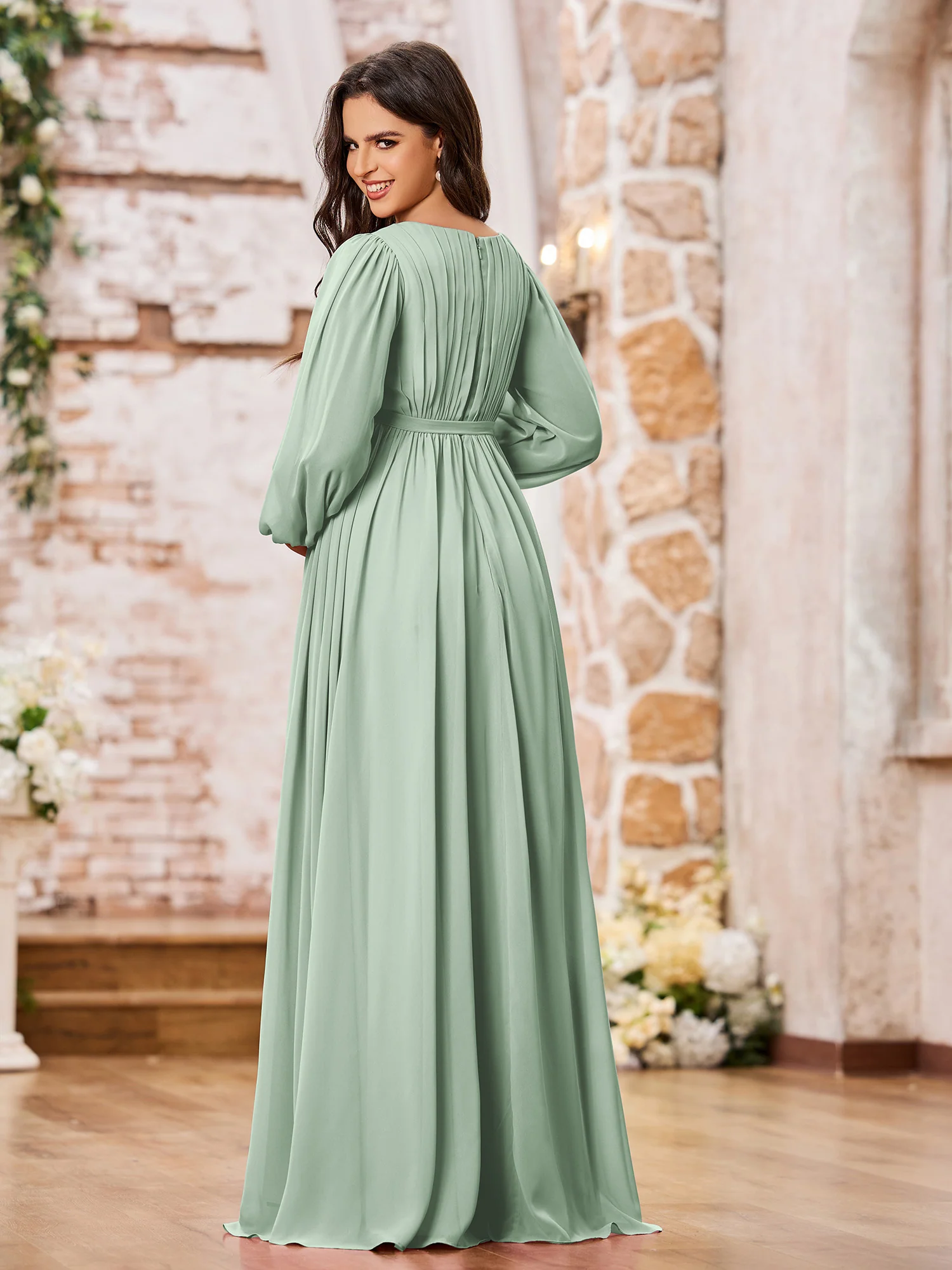 A-line Empire Waist Long Sleeves Chiffon Dresses with Bow Agave - Image 2