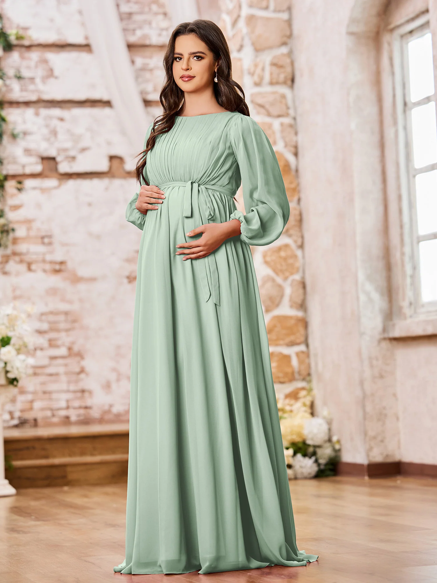 A-line Empire Waist Long Sleeves Chiffon Dresses with Bow Agave - Image 3