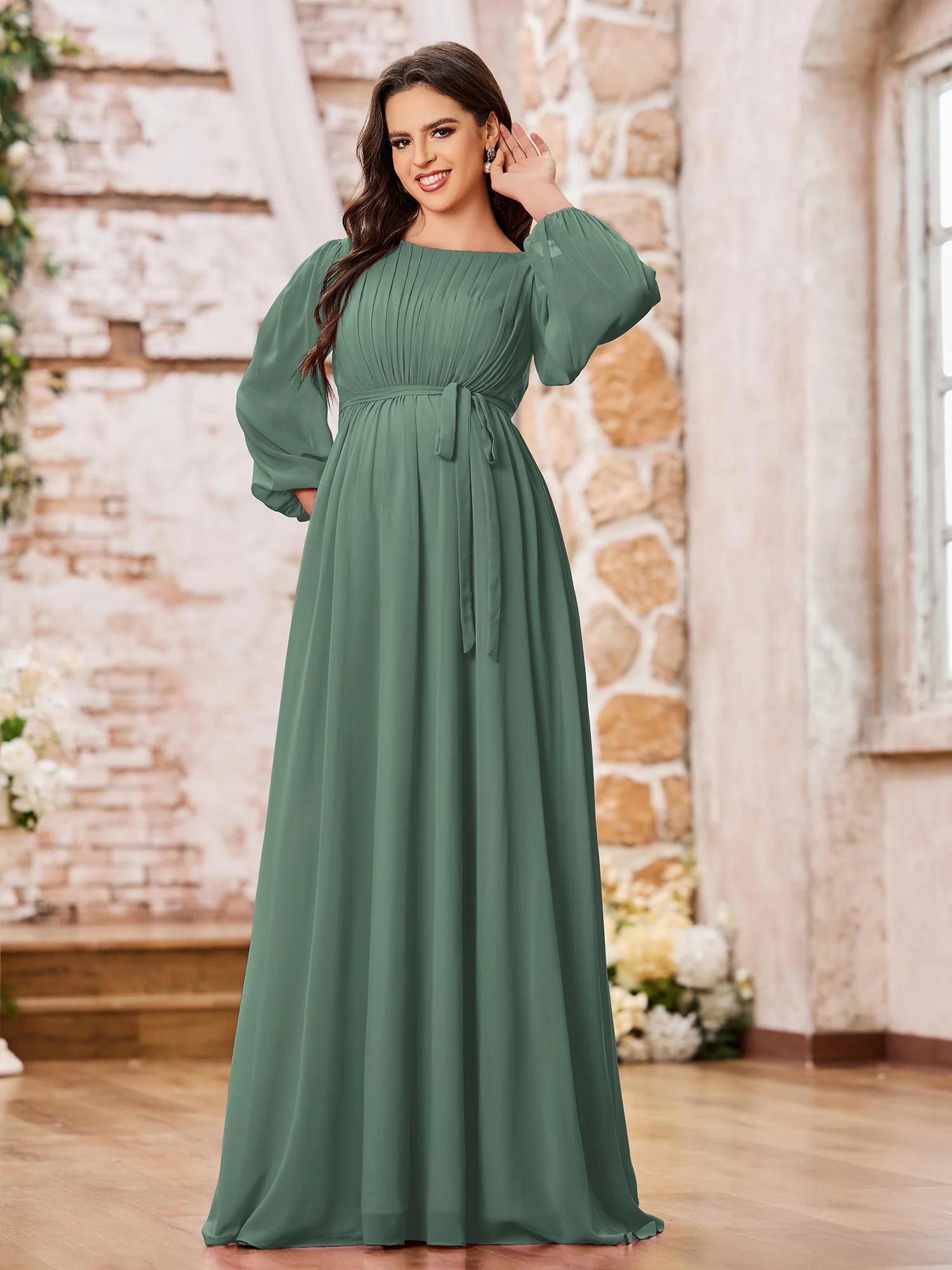 A-line Empire Waist Long Sleeves Chiffon Dresses with Bow Eucalyptus