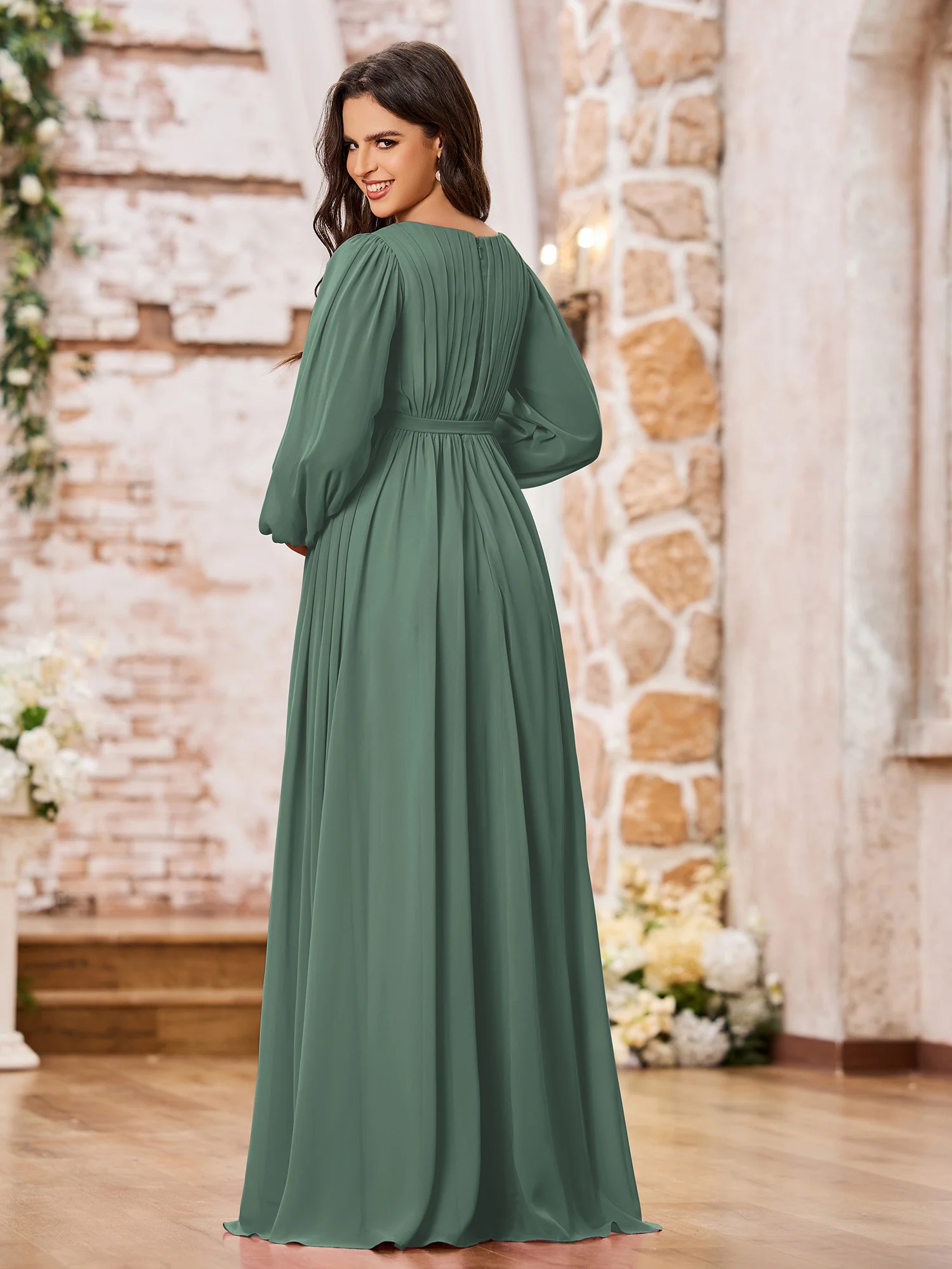 A-line Empire Waist Long Sleeves Chiffon Dresses with Bow Eucalyptus - Image 2