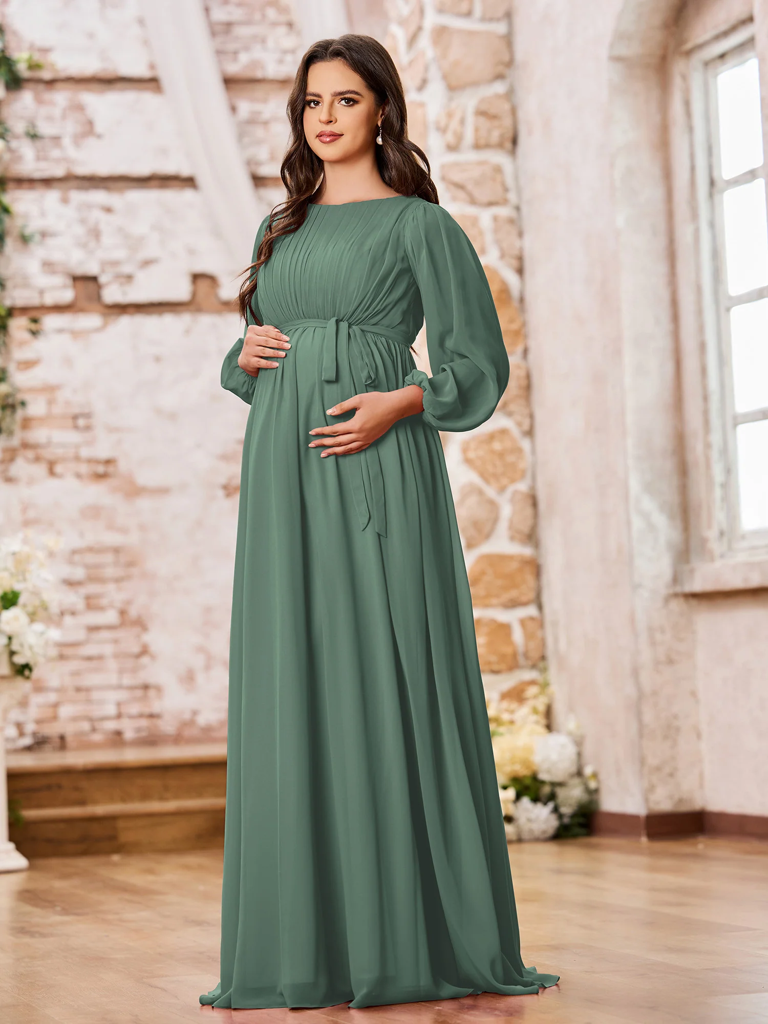 A-line Empire Waist Long Sleeves Chiffon Dresses with Bow Eucalyptus - Image 3