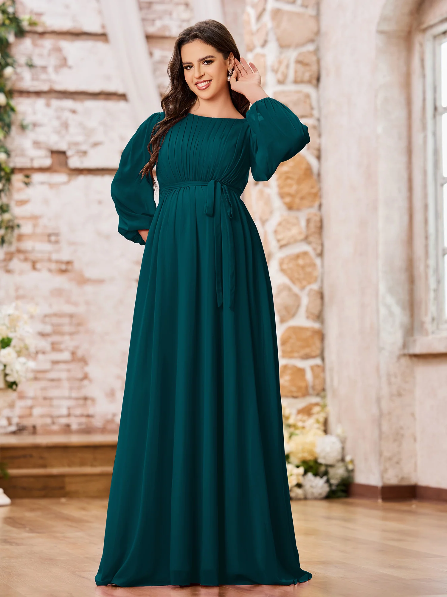 A-line Empire Waist Long Sleeves Chiffon Dresses with Bow Pine