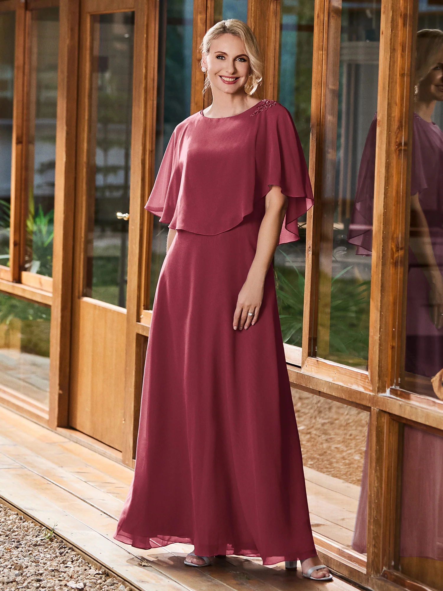 A-line Flutter Cape Sleeves Dress Cinnamon Rose