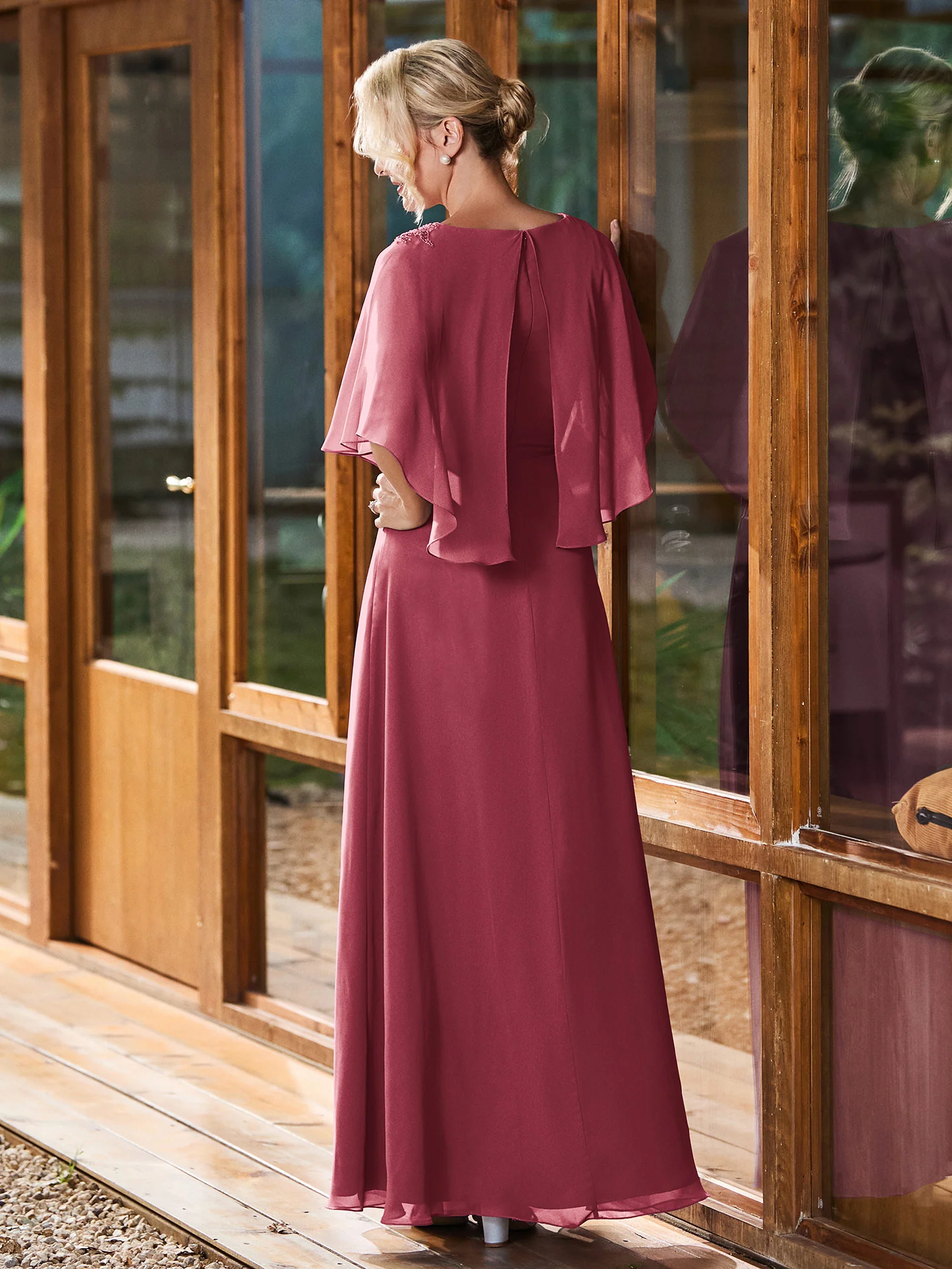 A-line Flutter Cape Sleeves Dress Cinnamon Rose - Image 2