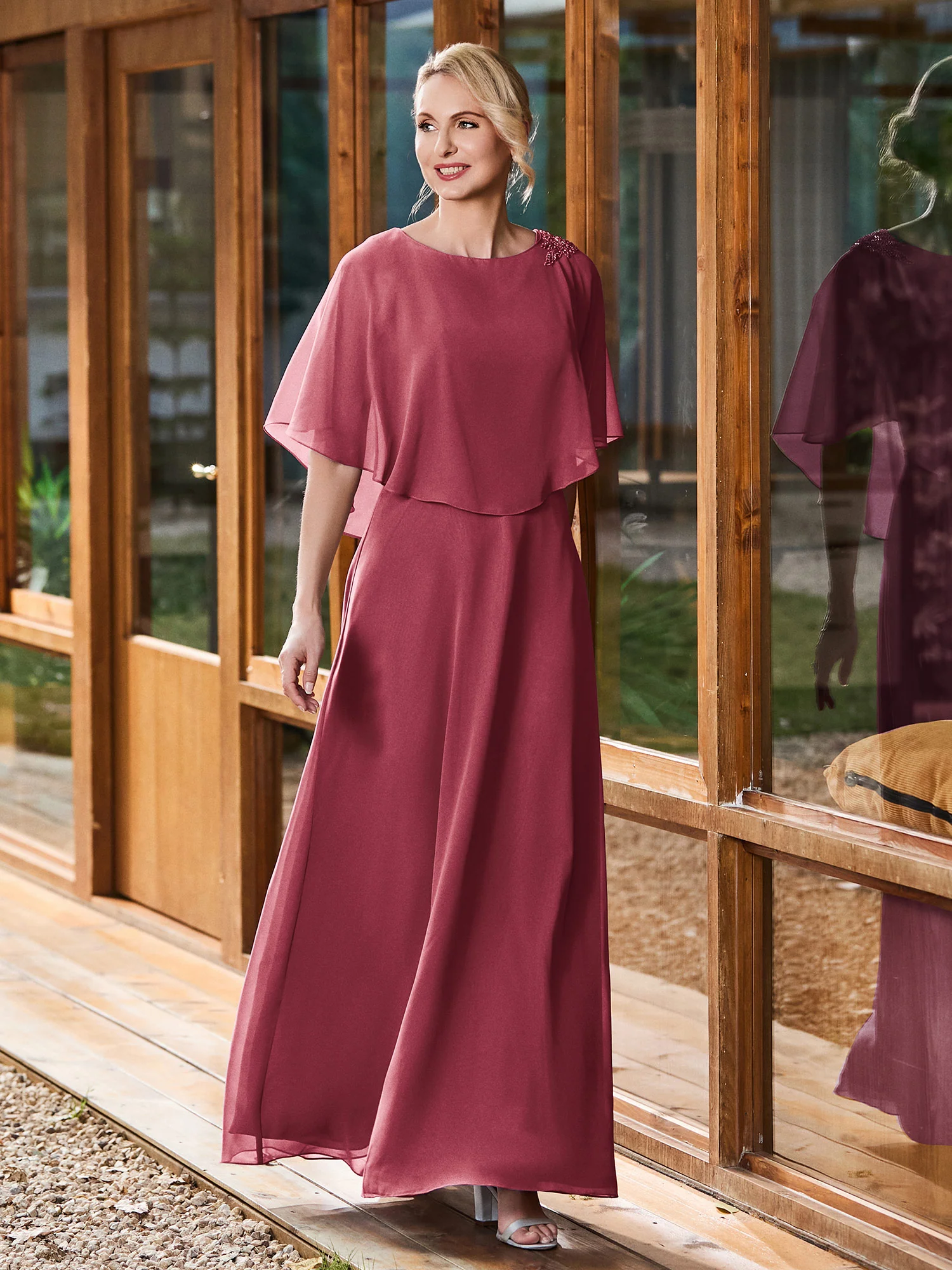 A-line Flutter Cape Sleeves Dress Cinnamon Rose - Image 3