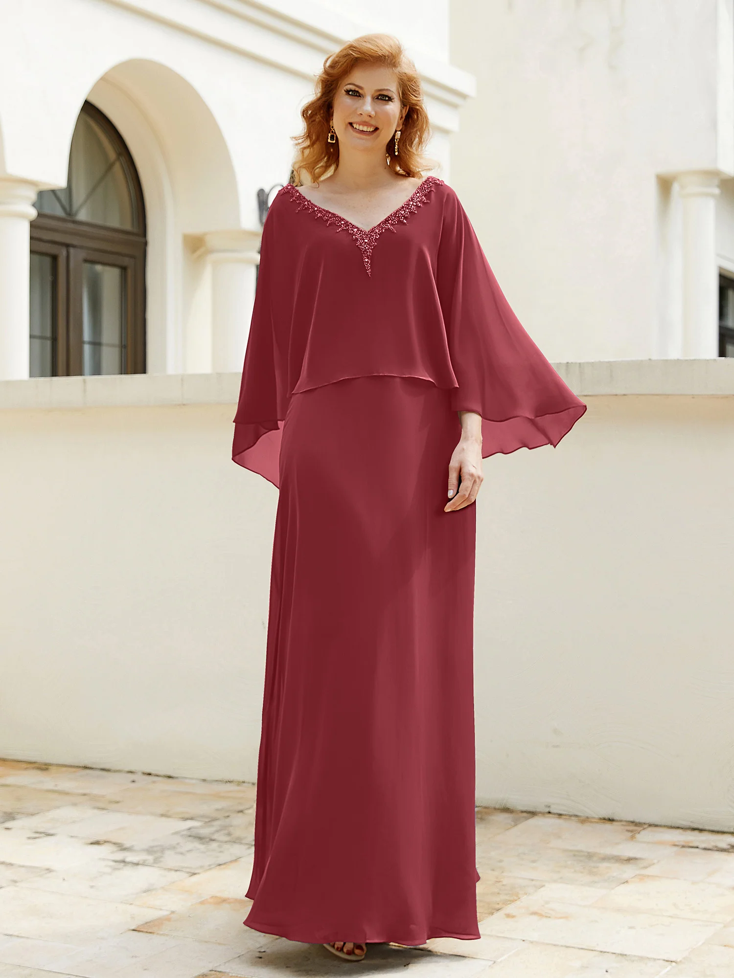 A-Line Flutter Cape Sleeves Dress with Beaded V-neck-Cinnamon Rose