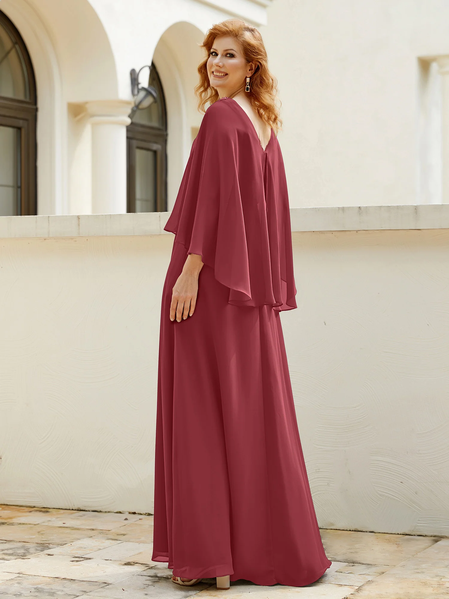 A-Line Flutter Cape Sleeves Dress with Beaded V-neck-Cinnamon Rose - Image 2